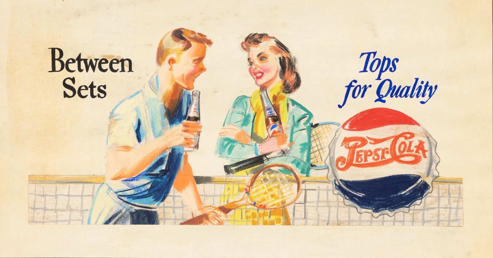 Pepsi-Cola Original Hand Colored Advertising Rendering 1940-1950, 'Between Sets, Tops for Quality', (1 of 5)