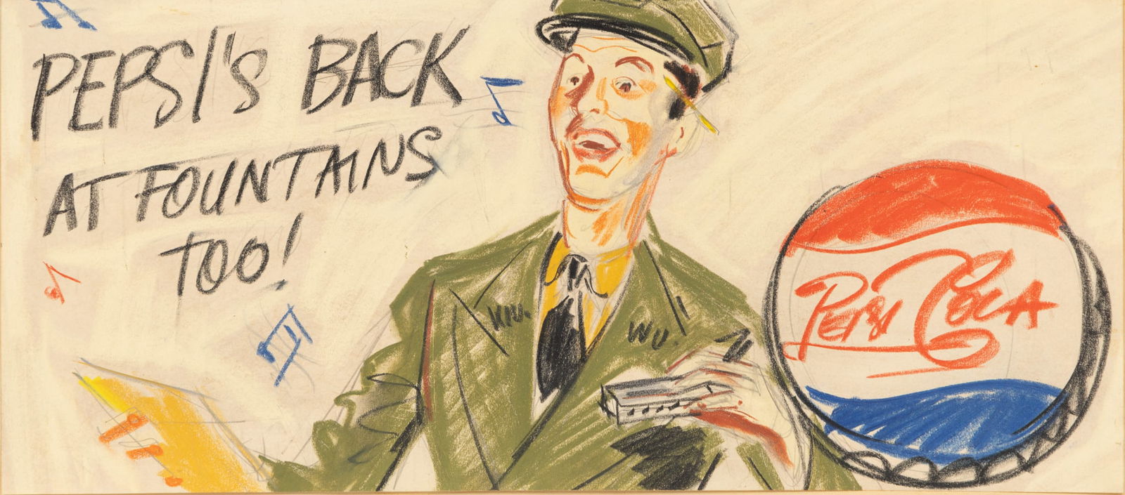 Pepsi-Cola Original Hand Colored Advertising Rendering on Wove Paper 1950, 'Pepsi's Back at (1 of 3)
