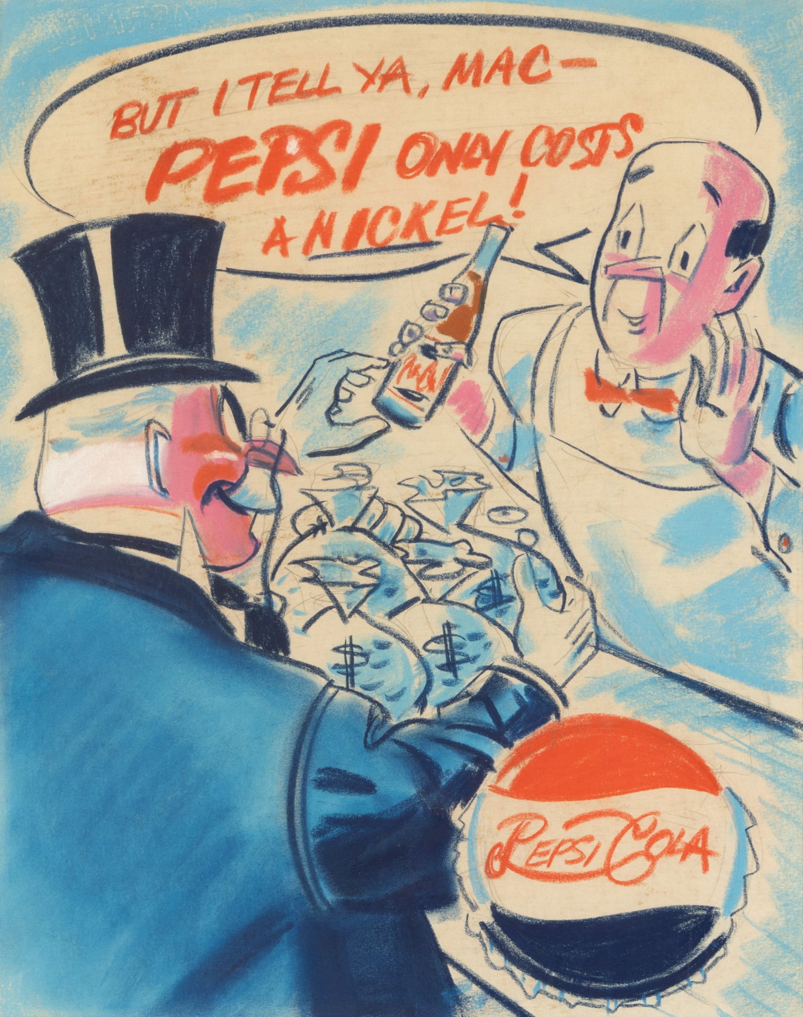 Pepsi-Cola Original Hand Colored Advertising Rendering on Wove Paper Pepsi Only Costs a Nickel! H (1 of 5)