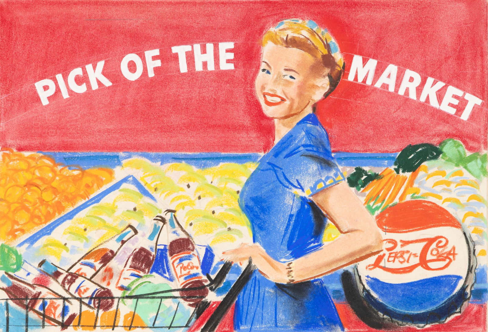 Pepsi-Cola Original Hand Colored Advertising Rendering on Wove Paper 1950, 'Pick of the Market', H (1 of 5)