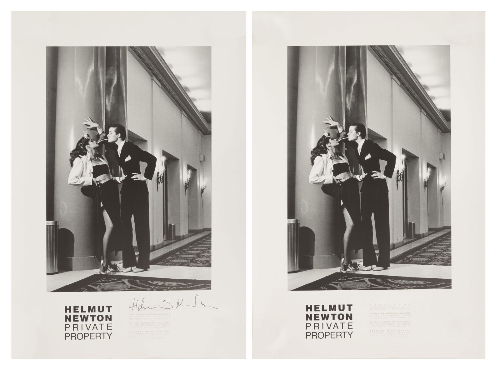 Helmut Newton (German-Australian, 1920-2004) Lithographic Posters 'Private Property', H 30" W 20": Helmut Newton (German-Australian, 1920-2004) Lithographic Posters 'Private Property', H 30" W 20" Image 21" X 14". One signed lower right in black ink. One unsigned. Provenance: Property from a