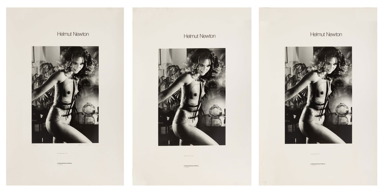 Helmut Newton (German-Australian, 1920-2004) Lithographic Posters 'Aubriot, Paris Exhibition', SN:: Helmut Newton (German-Australian, 1920-2004) Lithographic Posters 'Aubriot, Paris Exhibition', SN: 150/250, H 35" W 23" 3 PCS Three full sheets. Image size 19 X 13. One pencil signed and numbered 150/