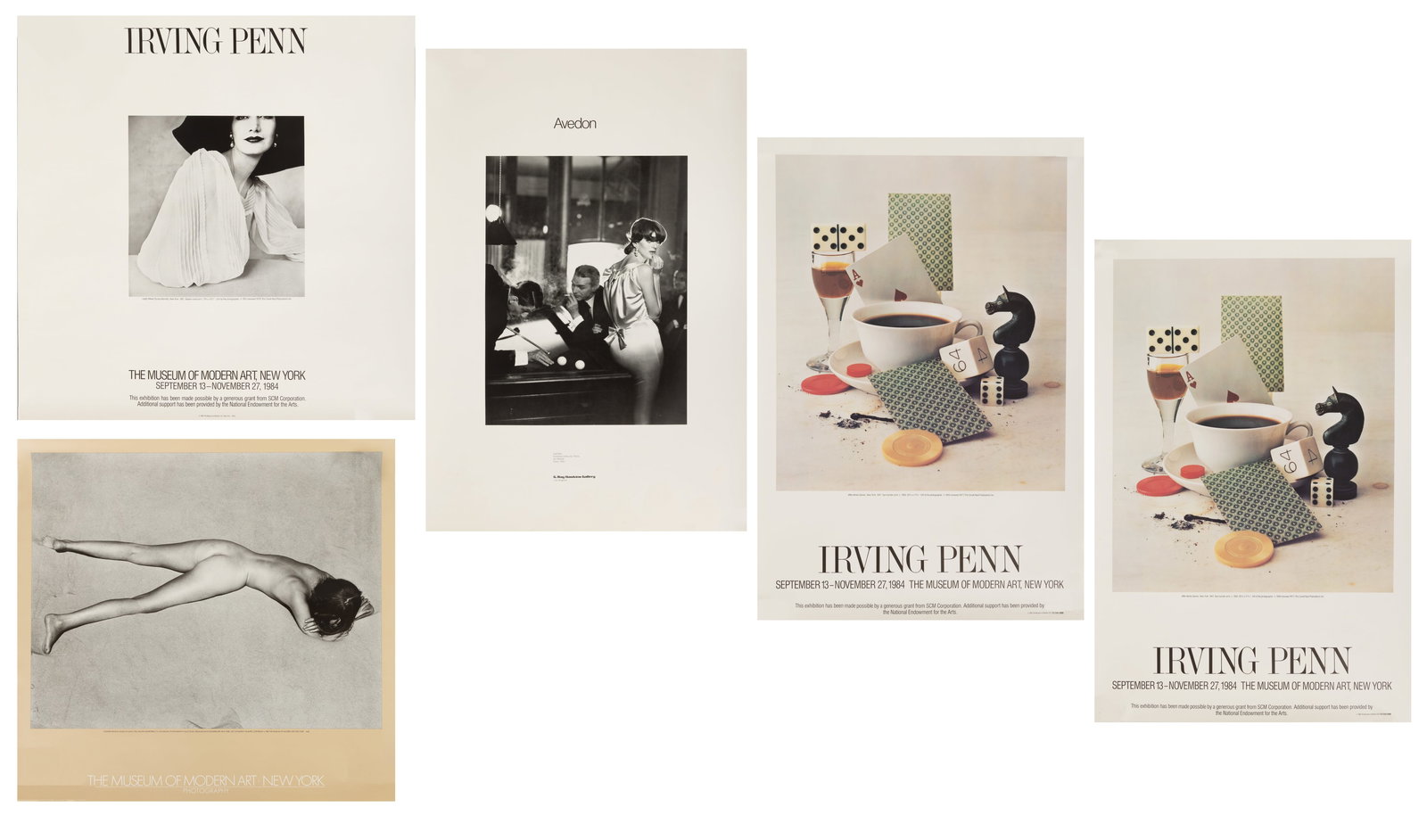 20th C. Lithographic Exhibition Posters 5 PCS: 20th C. Lithographic Exhibition Posters 5 PCS Two identical Irving Penn MOMA 1984 exhibition posters, (After Dinner Games) color, 25" X 25". Edward Weston MOMA exhibition poster, color (Nude on Sand),
