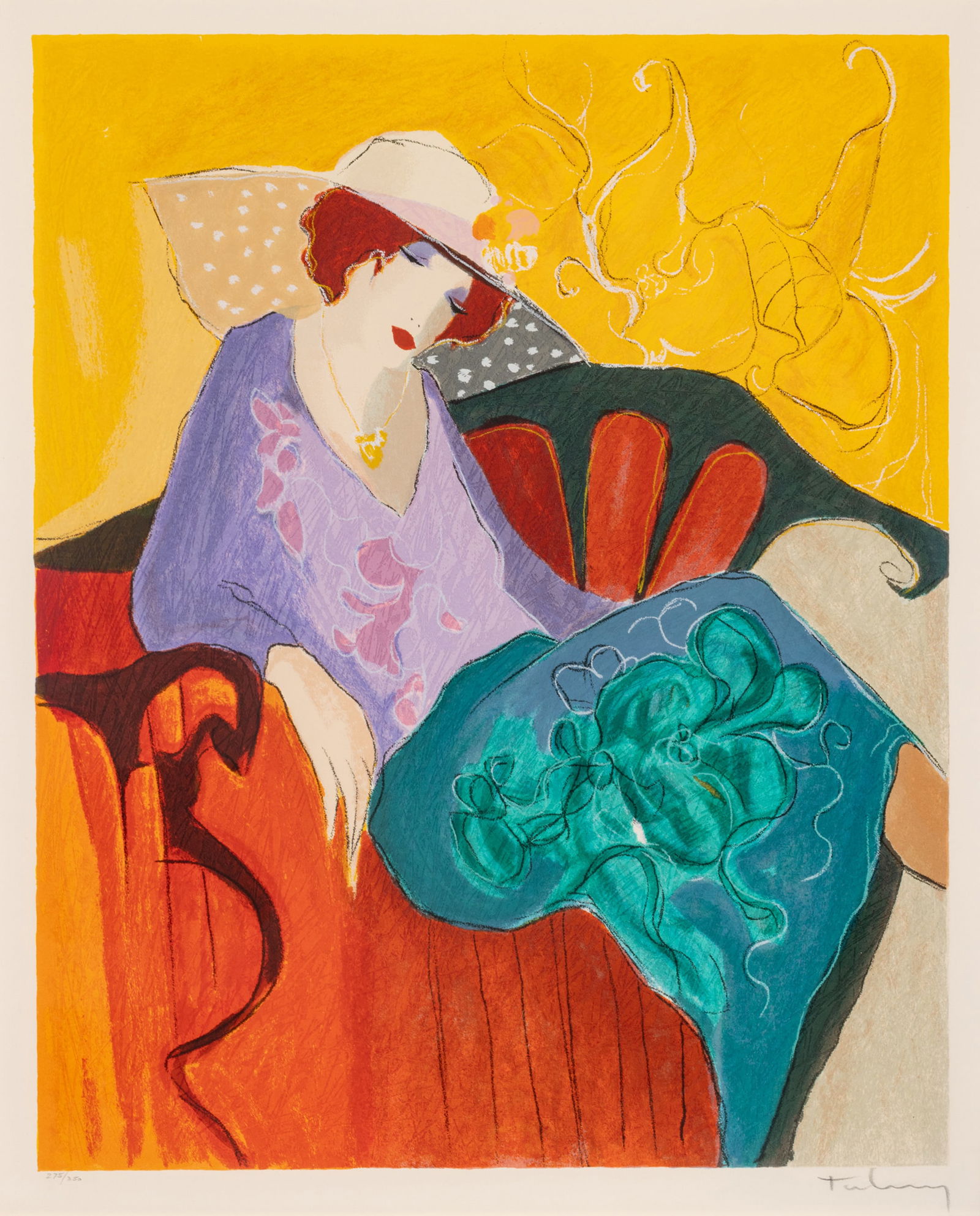 Itzchak Tarkay (Israeli, 1935-2012) Serigraph on Paper 'Seated Woman', H 26.75" W 22" Frame Size: H: Itzchak Tarkay (Israeli, 1935-2012) Serigraph on Paper 'Seated Woman', H 26.75" W 22" Frame Size: H 37.5" W 32.5" Pencil signed lower right. Numbered 275/350. Matted and framed under glass. Dimen