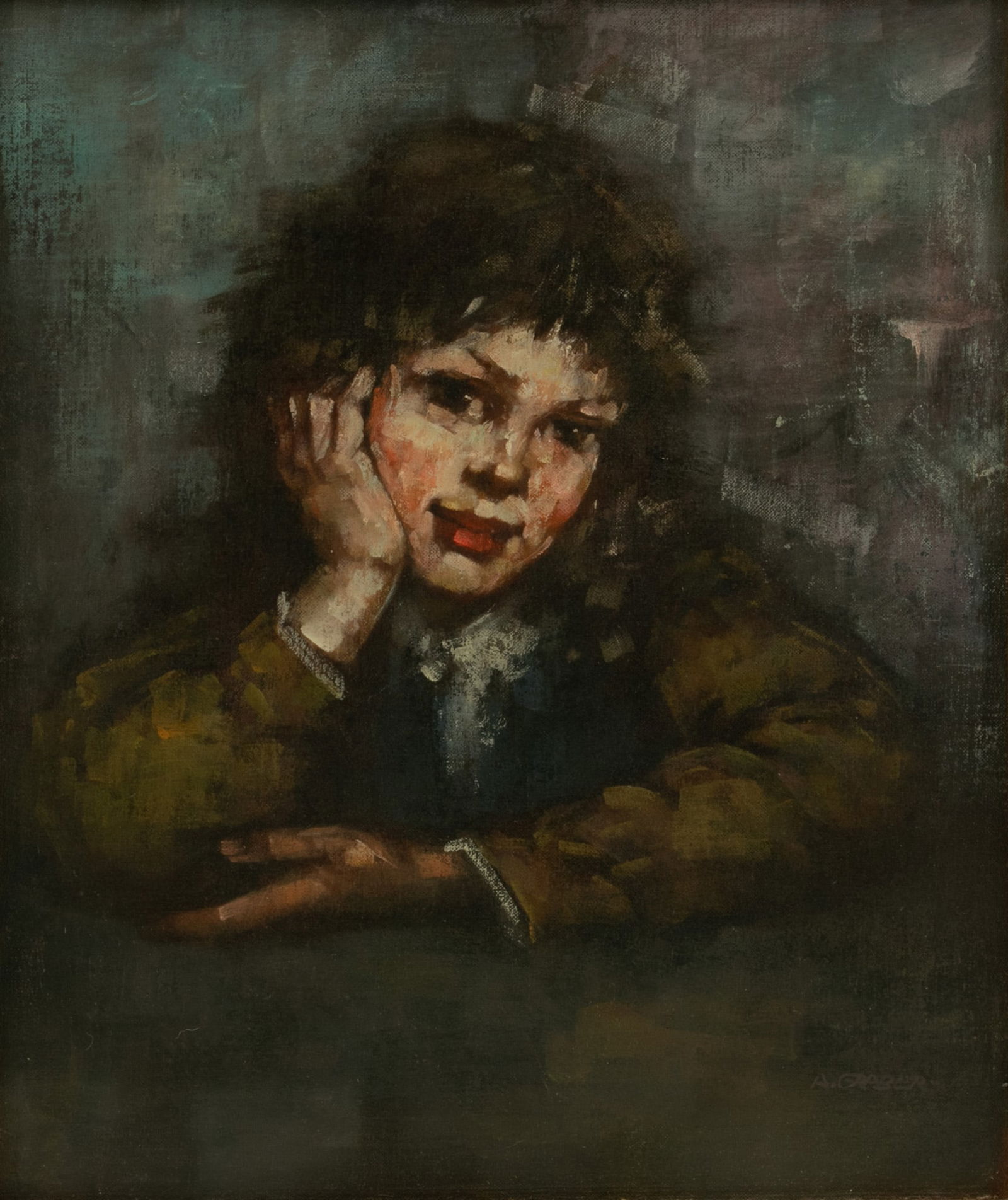 Bearing Signature A. Graber, Oil on Canvasboard, Ca. 1970, 'Portrait of Girl with Elbow on Table', H (1 of 6)
