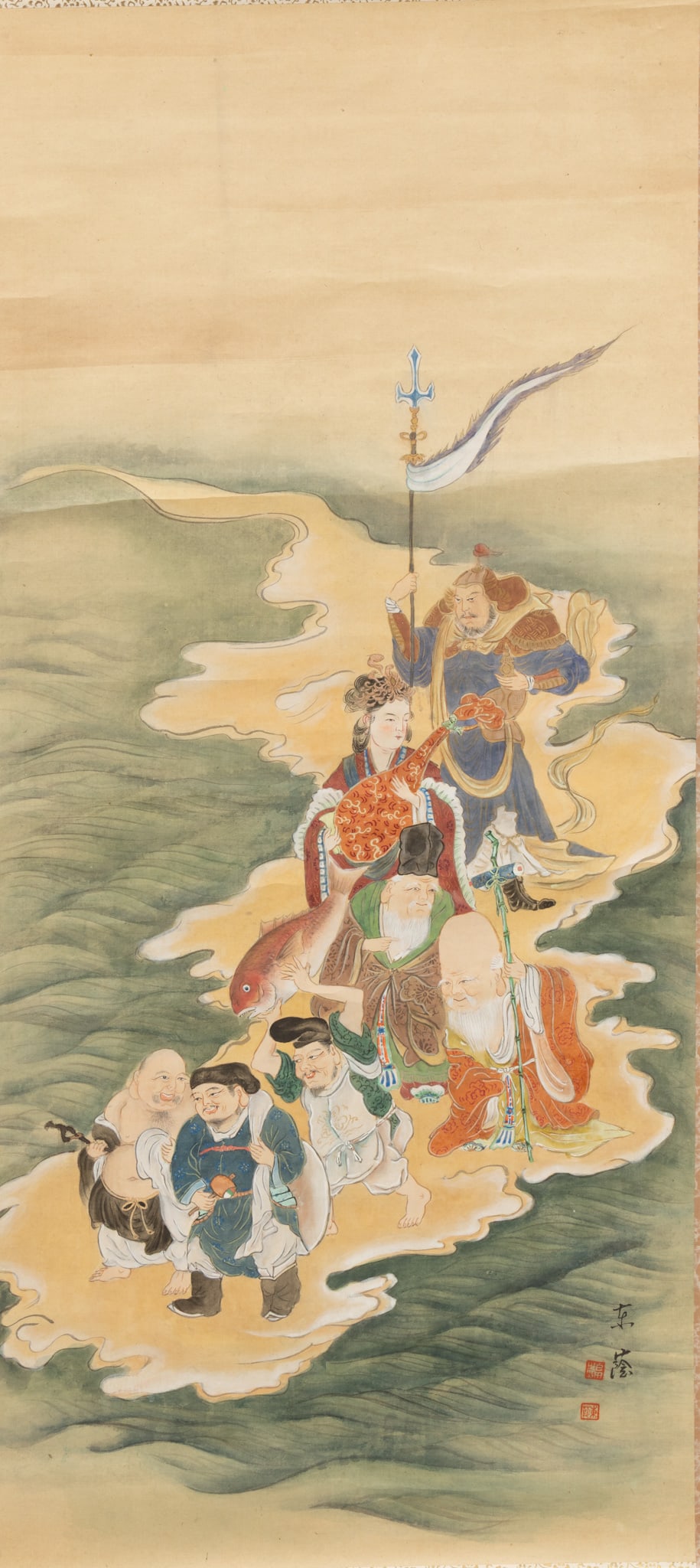Chinese Watercolor and Gouache on Paper Hanging Scroll, Ca. 1970, 'The Seven Deities of Good Luck', (1 of 8)
