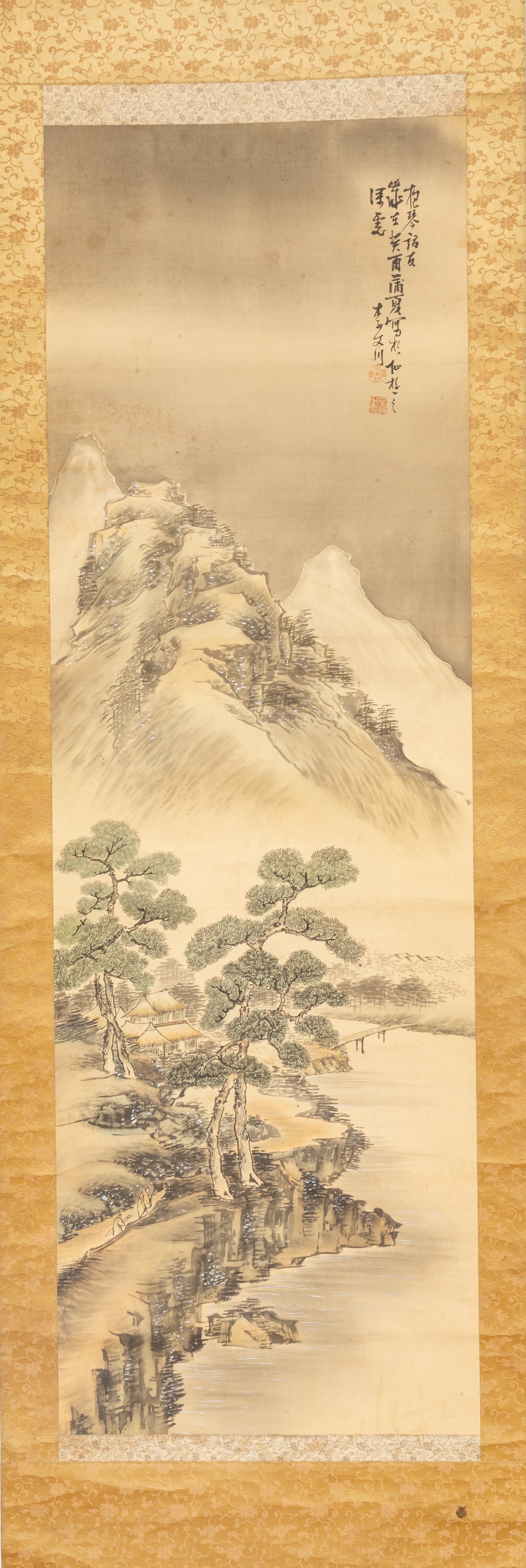 Chinese Watercolor on Paper Scroll Painting 1910, 'Mountain Landscape', H 53" W 17" (1 of 7)