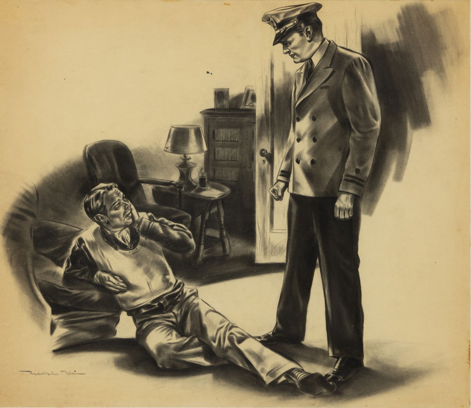 Rudolph Palais (American, 1912-2004) Ink, Graphite and Watercolor on Paper, Ca. 1954, 'Illustration (1 of 7)