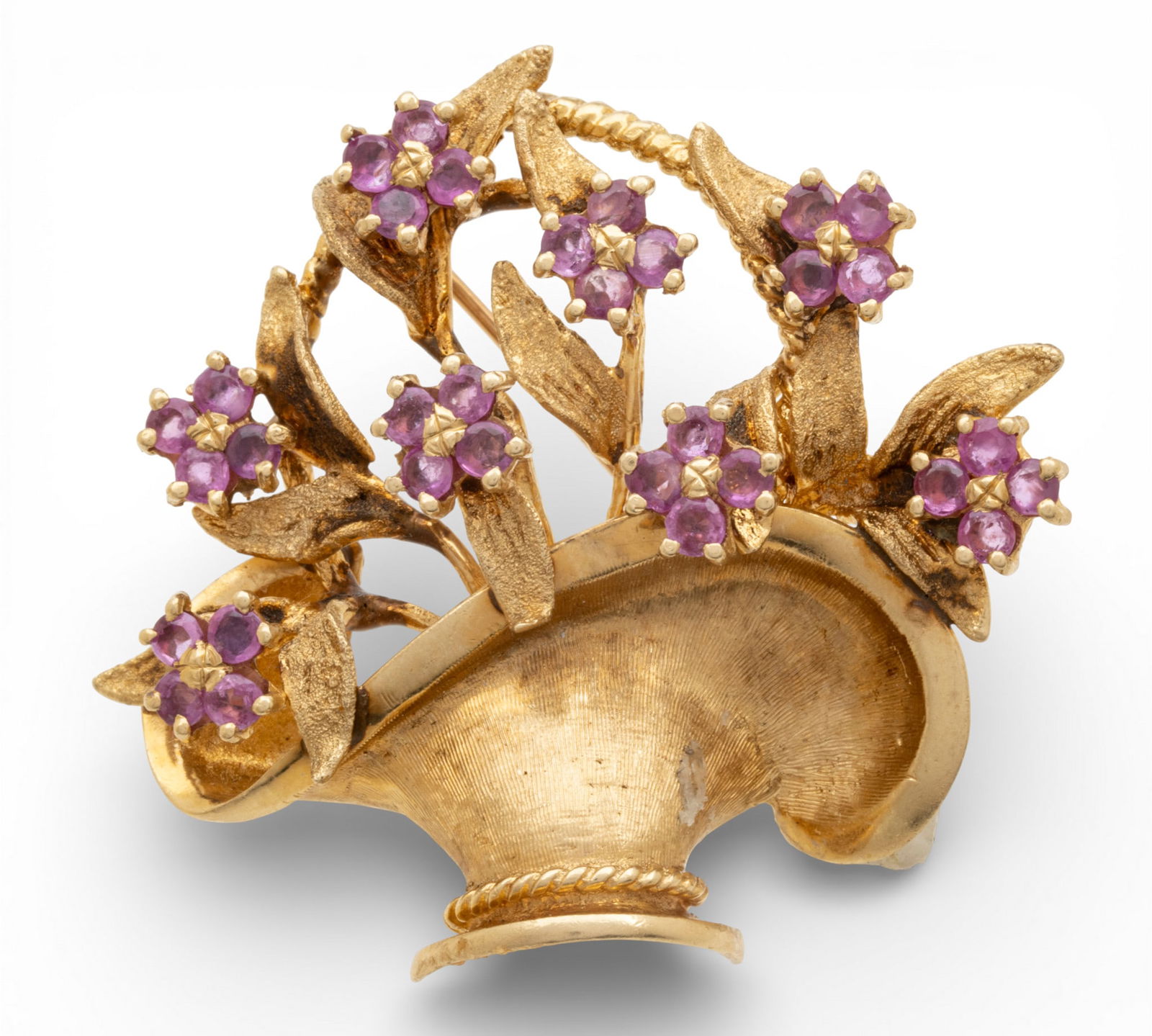 14kt Yellow Gold Brooch Flower Basket, Rubies 1960, 15.2 g 1 PC (1 of 8)