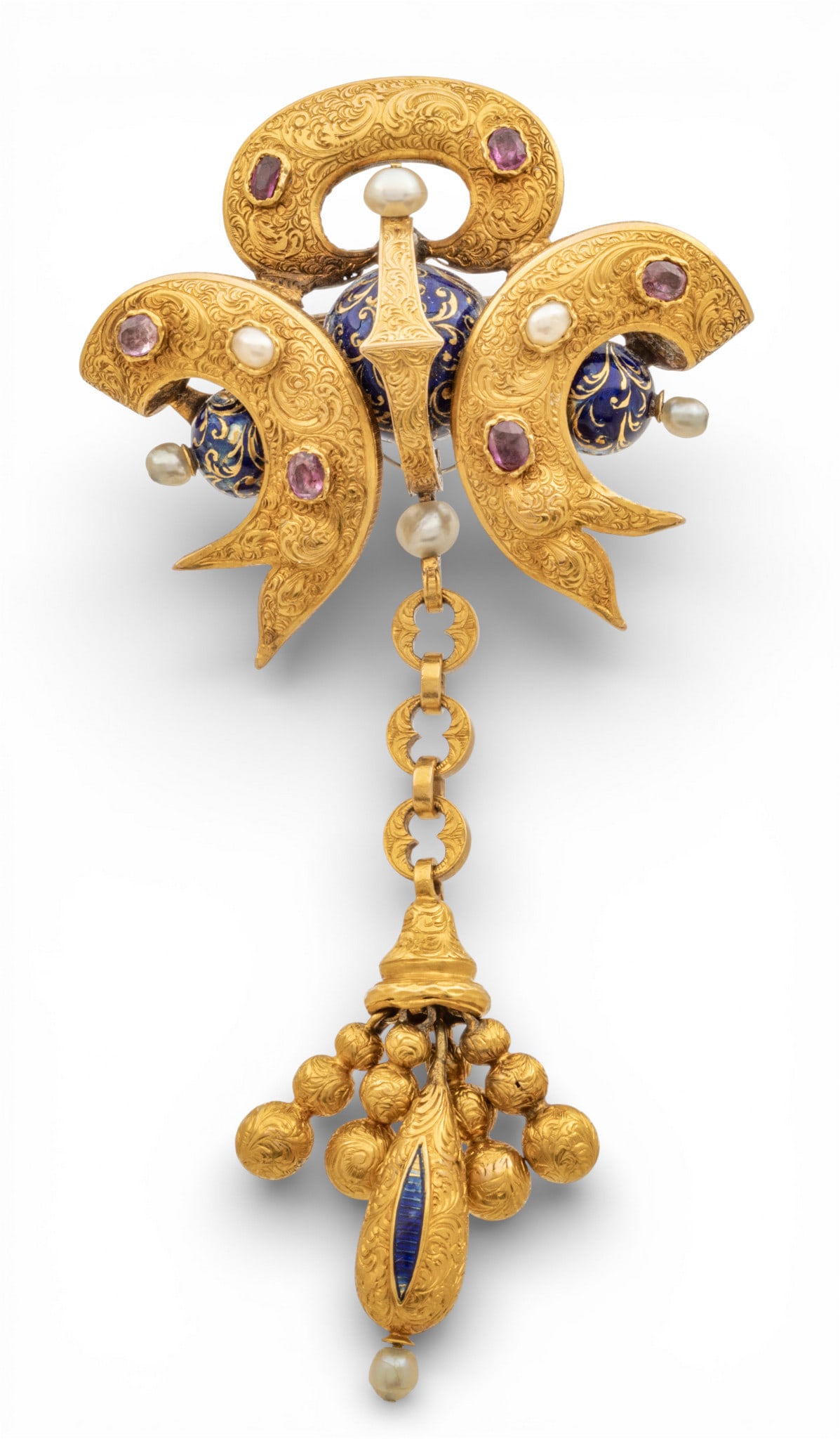 Gold Pendant Brooch, Blue Enamel, Rubies, Pearls 19th.c., W 2" L 3.6" 23.9 g 1 PC (1 of 8)