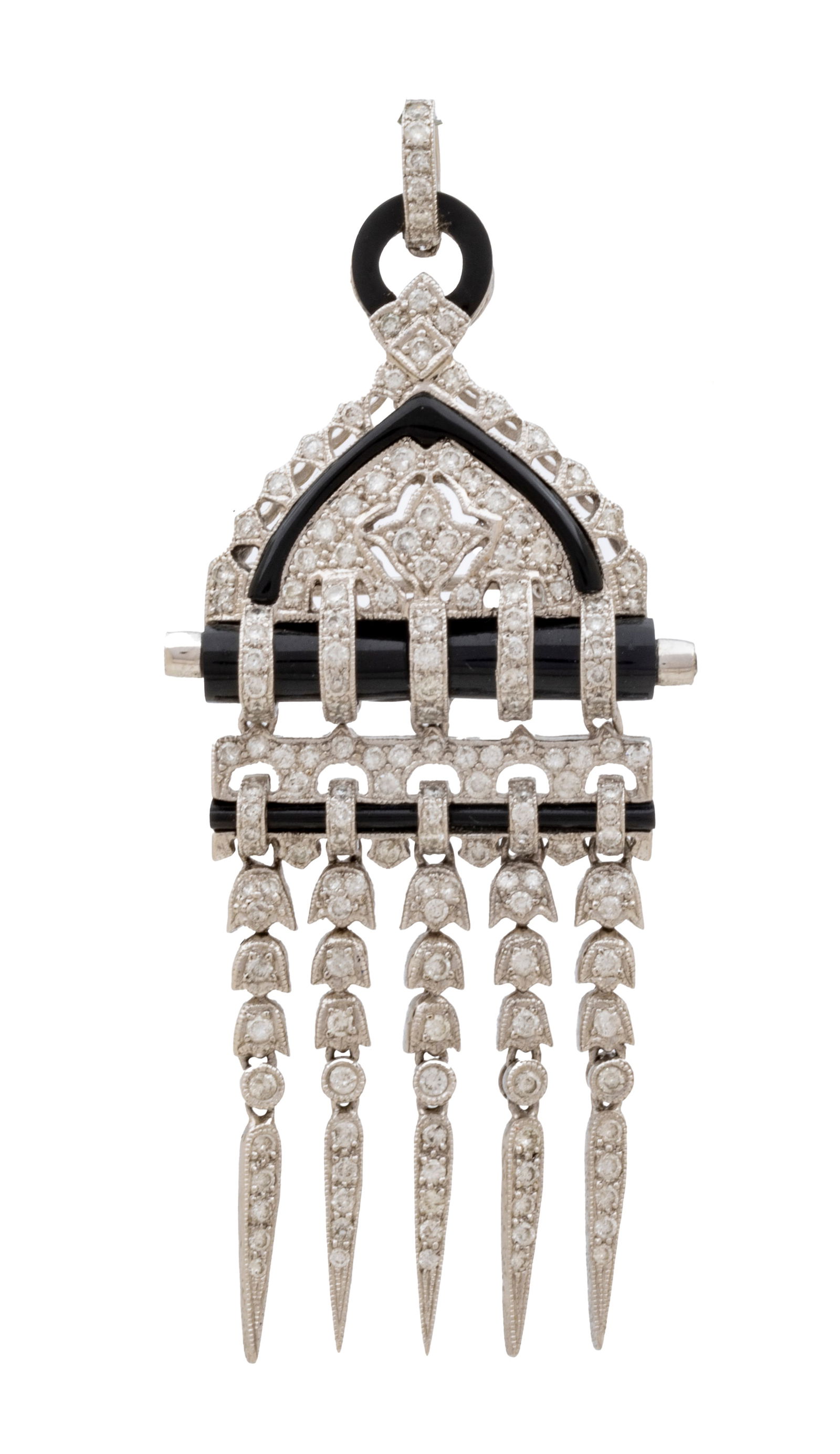 Continental European Art Deco 18K White Gold, Pavé Diamonds, and Black Onyx Pendant / Brooch (1 of 6)