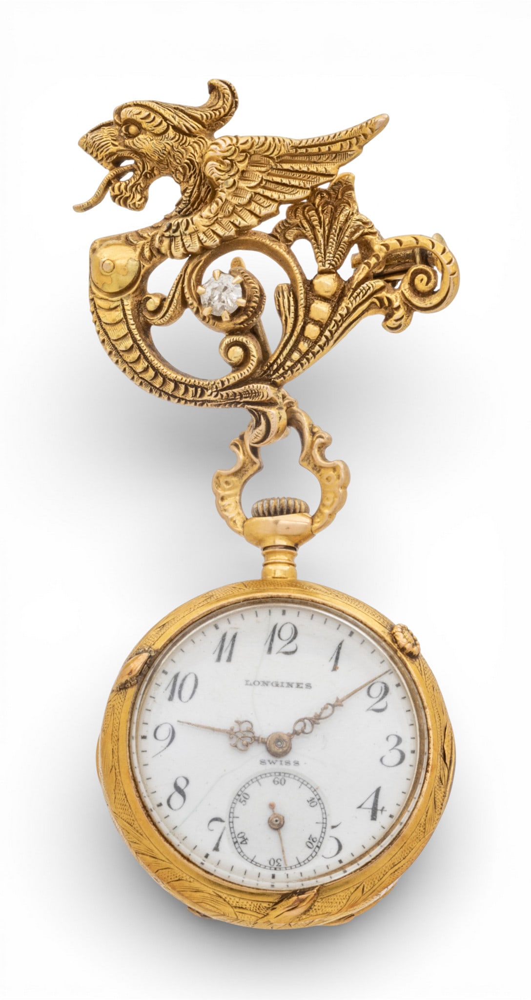 Longines Watch Co (Swiss) Gold Lapel Watch, Griffin with Diamond, Lilies on Back 1903, H 2.5" 26 g (1 of 13)