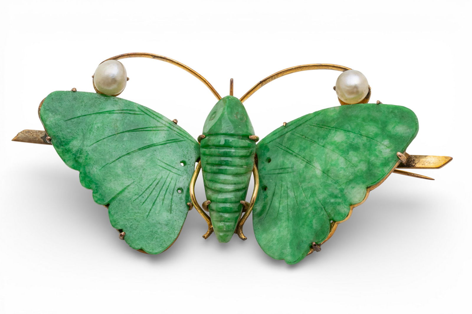 Chinese 14K Gold Carved Green Jade Butterfly Brooch 1900, W 2.2" 9.7 g 1 PC (1 of 6)