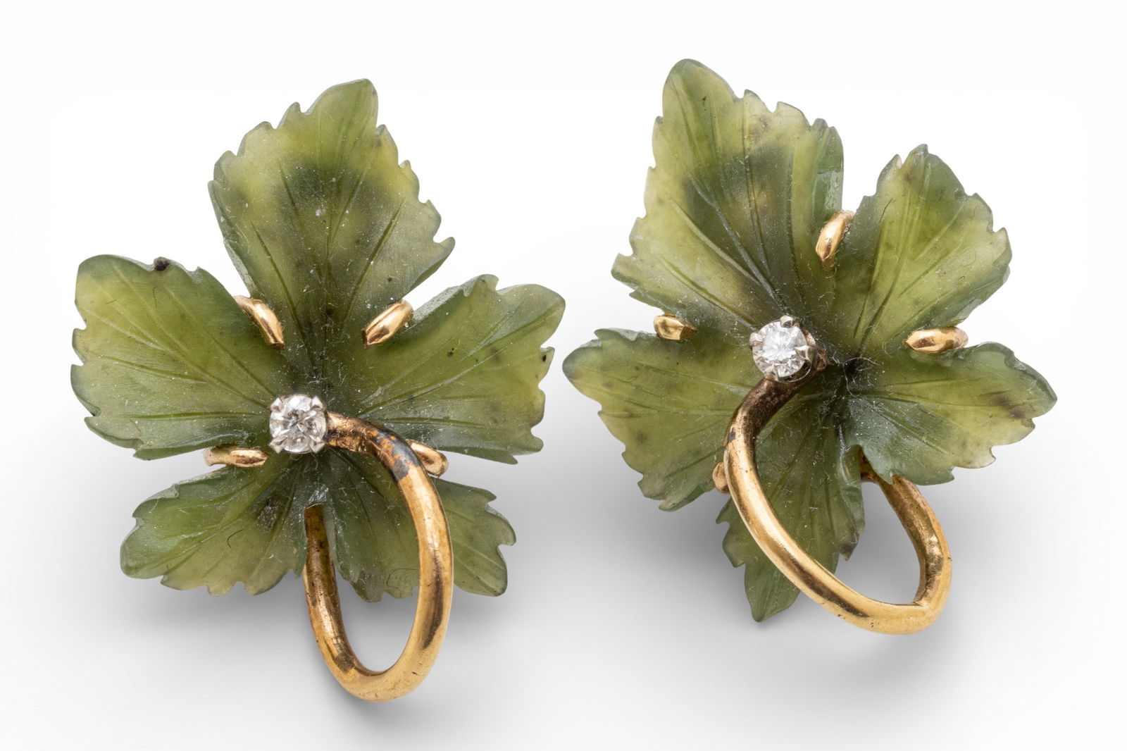 Chinese Carved Green Jade Earrings, Diamond Accent 1900, H 1" 6.8 g 1 PAIR (1 of 5)