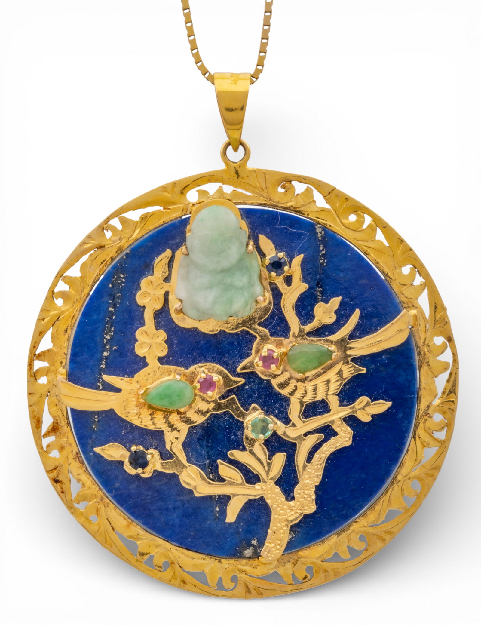 Chinese Buddhist 14k Yellow Gold, Lapis, and Gem Set Pendant Necklace L 24" Dia. 1.75" 20 g (1 of 8)