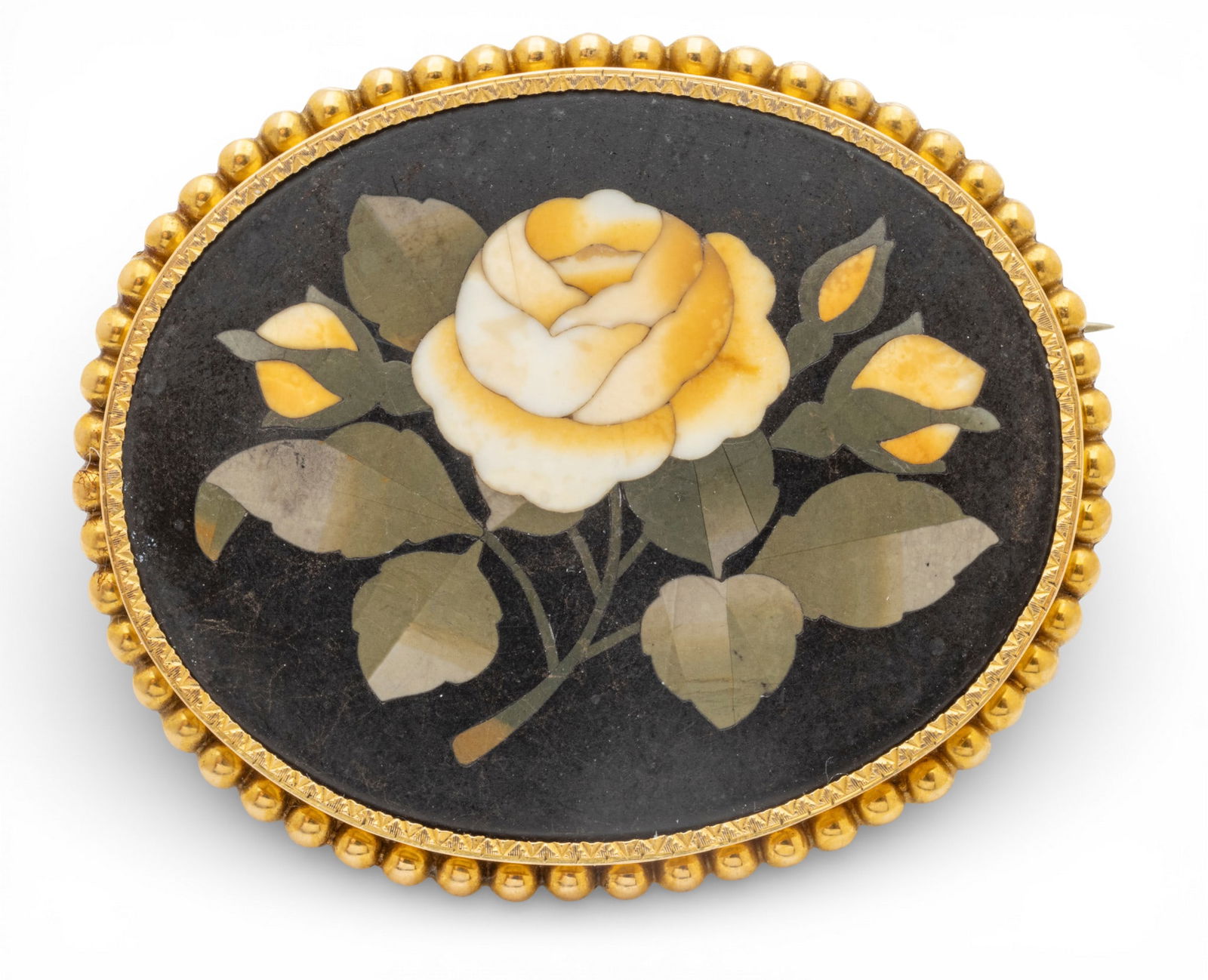Italy Gold Mosaic Pietra Dura Floral Brooch 1920, W 2.2" 1 PC: Italy Gold Mosaic Pietra Dura Floral Brooch 1920, W 2.2" 1 PC Oval. Black background with yellow rose. Gold plated mount. Provenance: Property from a Bloomfield Hills, MI private collector. Dim