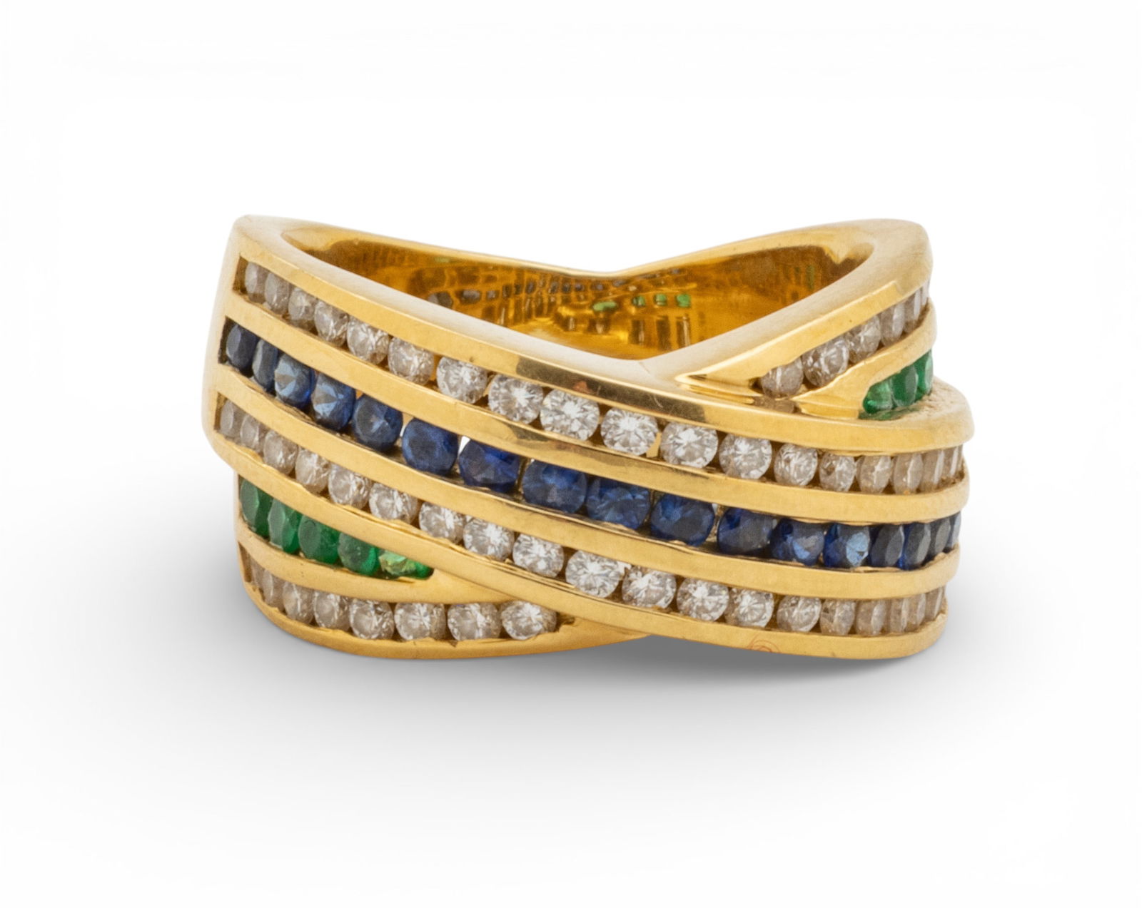 18 K Yellow Gold Dome Ring, Channel Set Brilliant Cut Diamonds, Emeralds and Sapphires Size 7 1/2, (1 of 7)