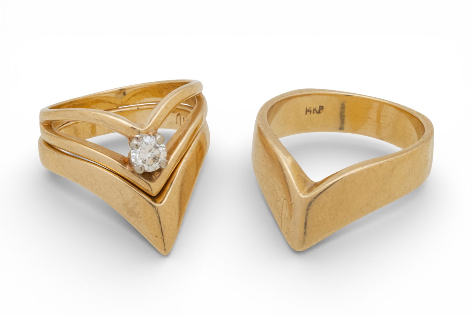 Three Chevron 14k Yellow Gold, One with Diamond, Stack Rings 18 g (1 of 8)