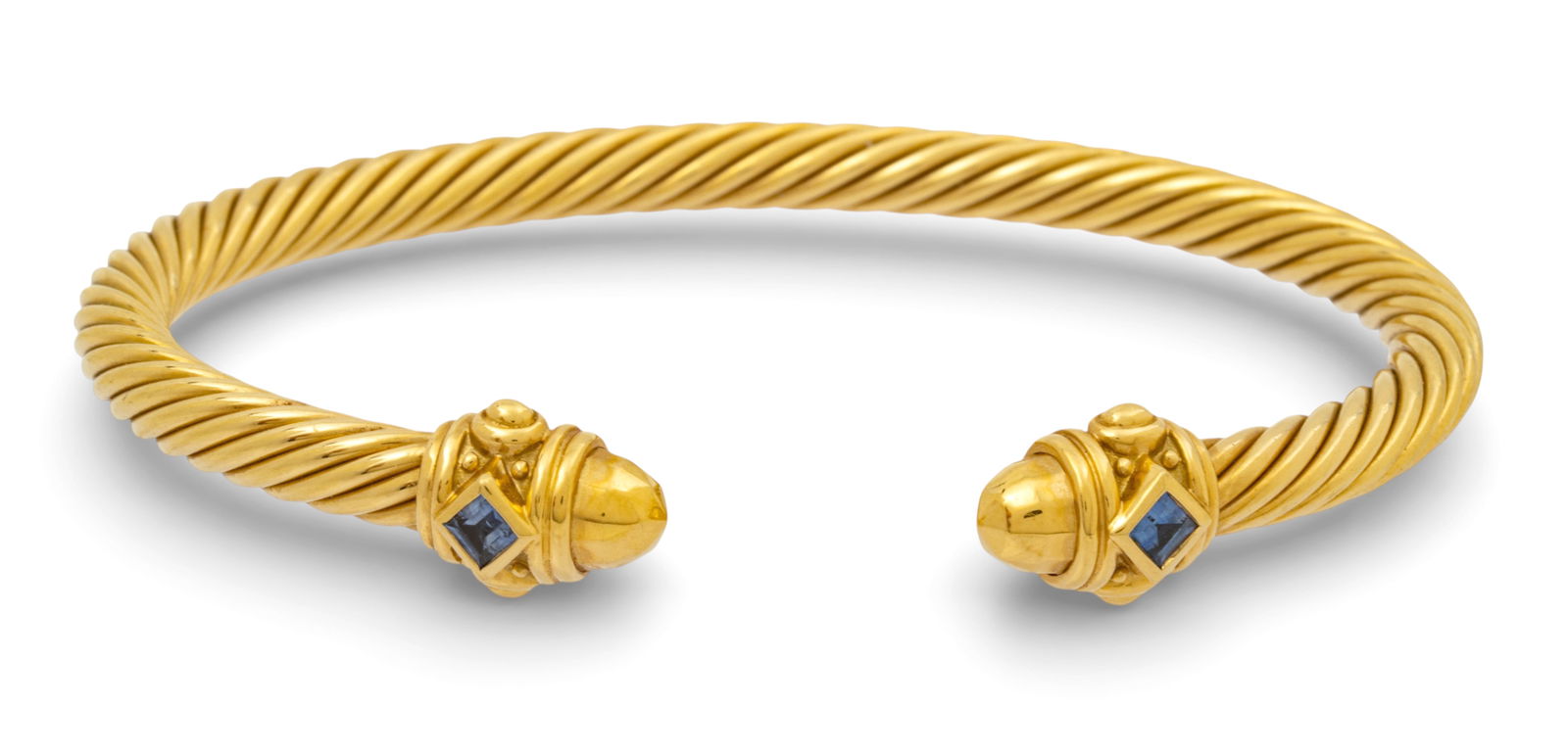 David Yurman 18k Yellow Gold Bangle Bracelet , 2 Blue Sapphires 2000, W 2.5" 15 g: David Yurman 18k Yellow Gold Bangle Bracelet , 2 Blue Sapphires 2000, W 2.5" 15 g Stamped 750 and DY. With original black box. Dimensions: W 2.5" 15 g