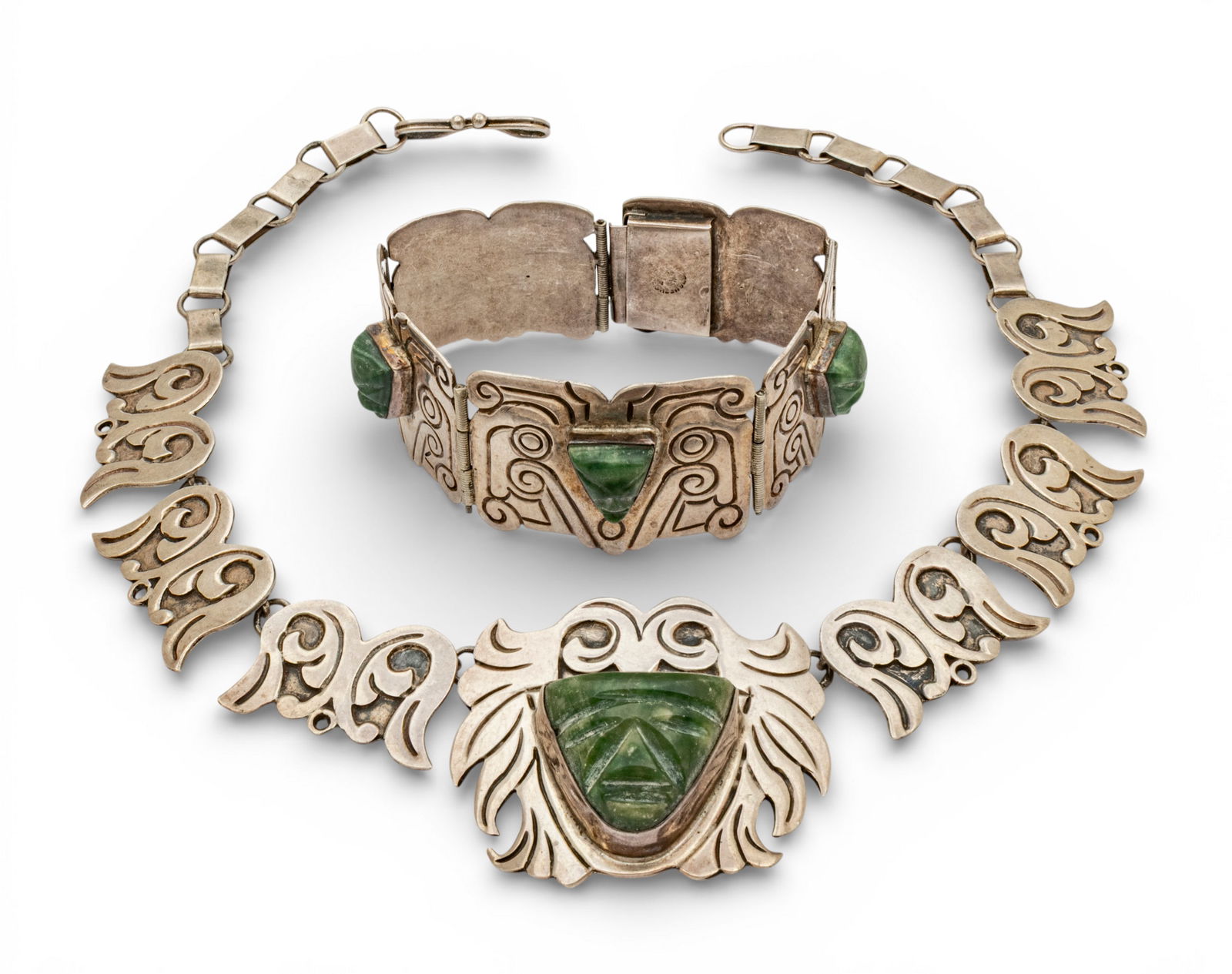 Mexico Hand Crafted Sterling Silver and Green Onyx Necklace & Bracelet 1940, L 14" 123 g 2 PCS (1 of 7)