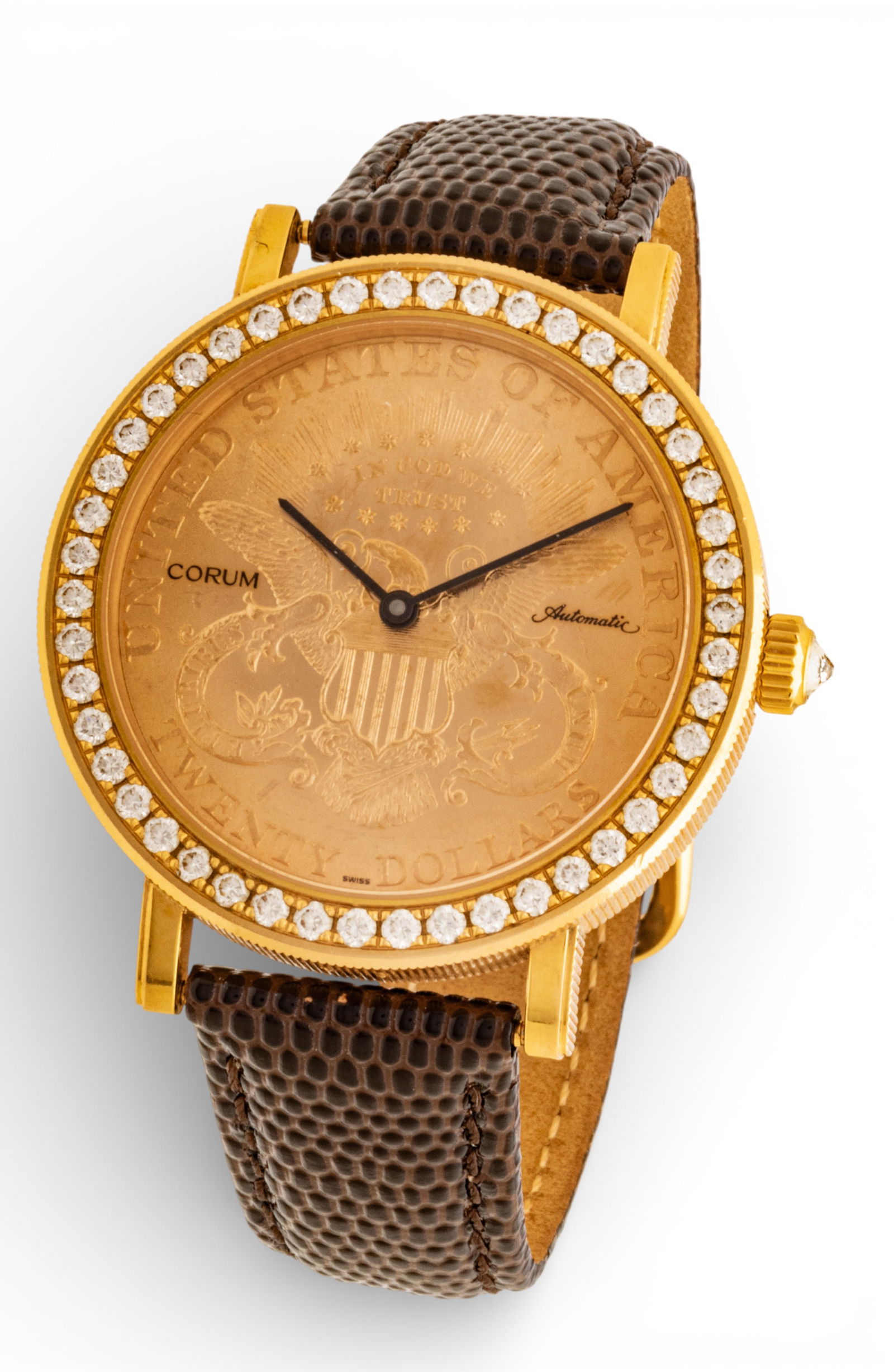 Corum (Swiss) 18k Gold Eagle-Liberty Coin and Diamond Wristwatch, Ca. 1990, L 9" 74 g (1 of 6)