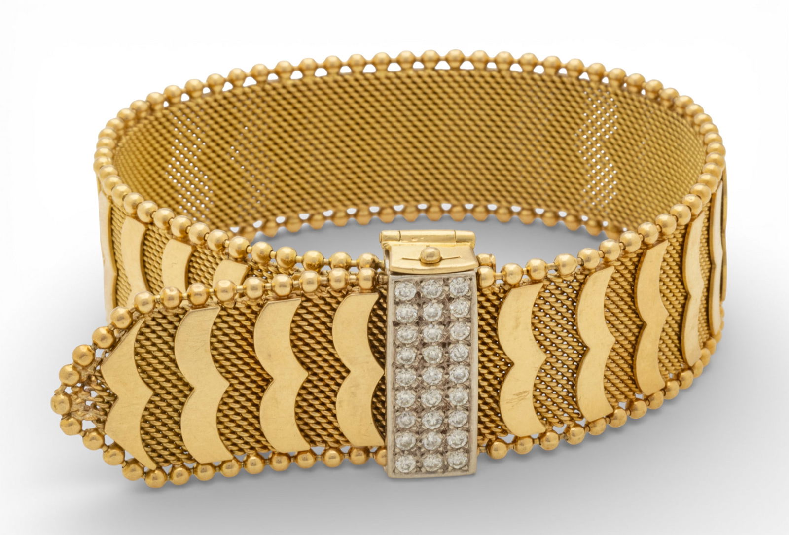 French 750 (18K) Gold Slide Bracelet, Diamond Clasp 1960, W 0.7" L 8.7" 71 g 1 PC (1 of 10)