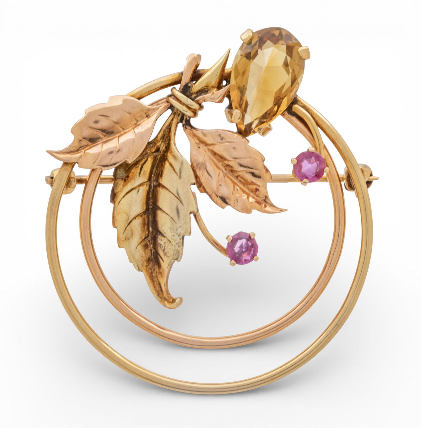 14K Rose and Yellow Gold Circle Brooch, Rubies & Citrine 1960, Dia. 1.7" 11.2 g 1 PC (1 of 6)