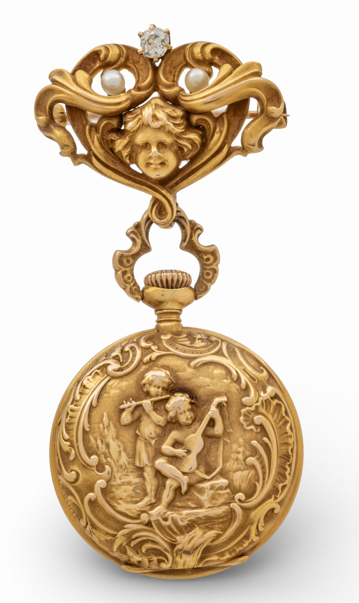 E. Huguenin 14K Gold Pendant Watch, Diamond, Pearls 1900, 'Scene with Children', H 2.2" 25 g 1 PC (1 of 12)