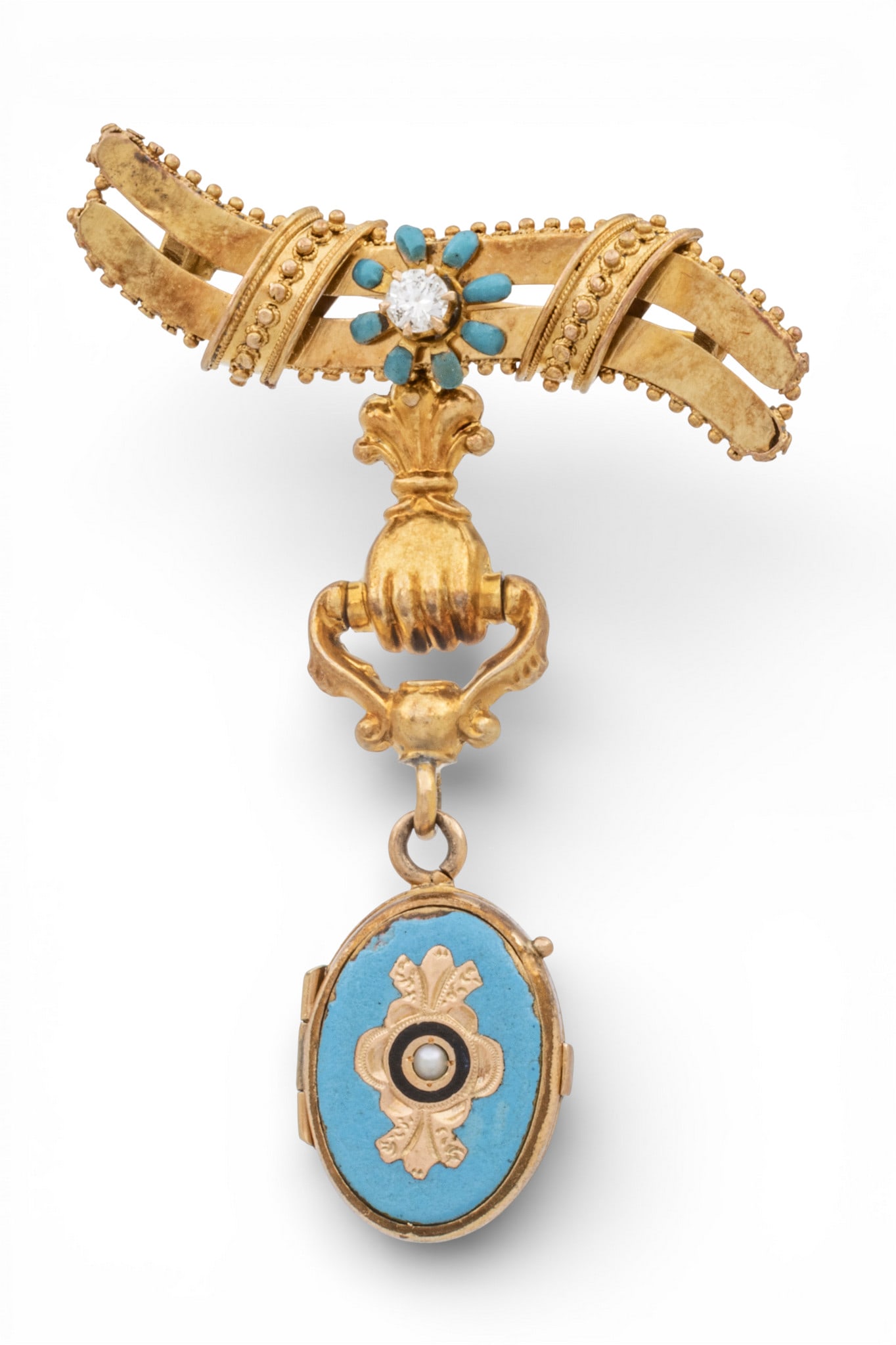 Hand Gold Lapel Pin - Locket , Enamel, Diamond and Turquoise 1900, H 2.2" W 1.5" 10.6 g 1 PC (1 of 7)