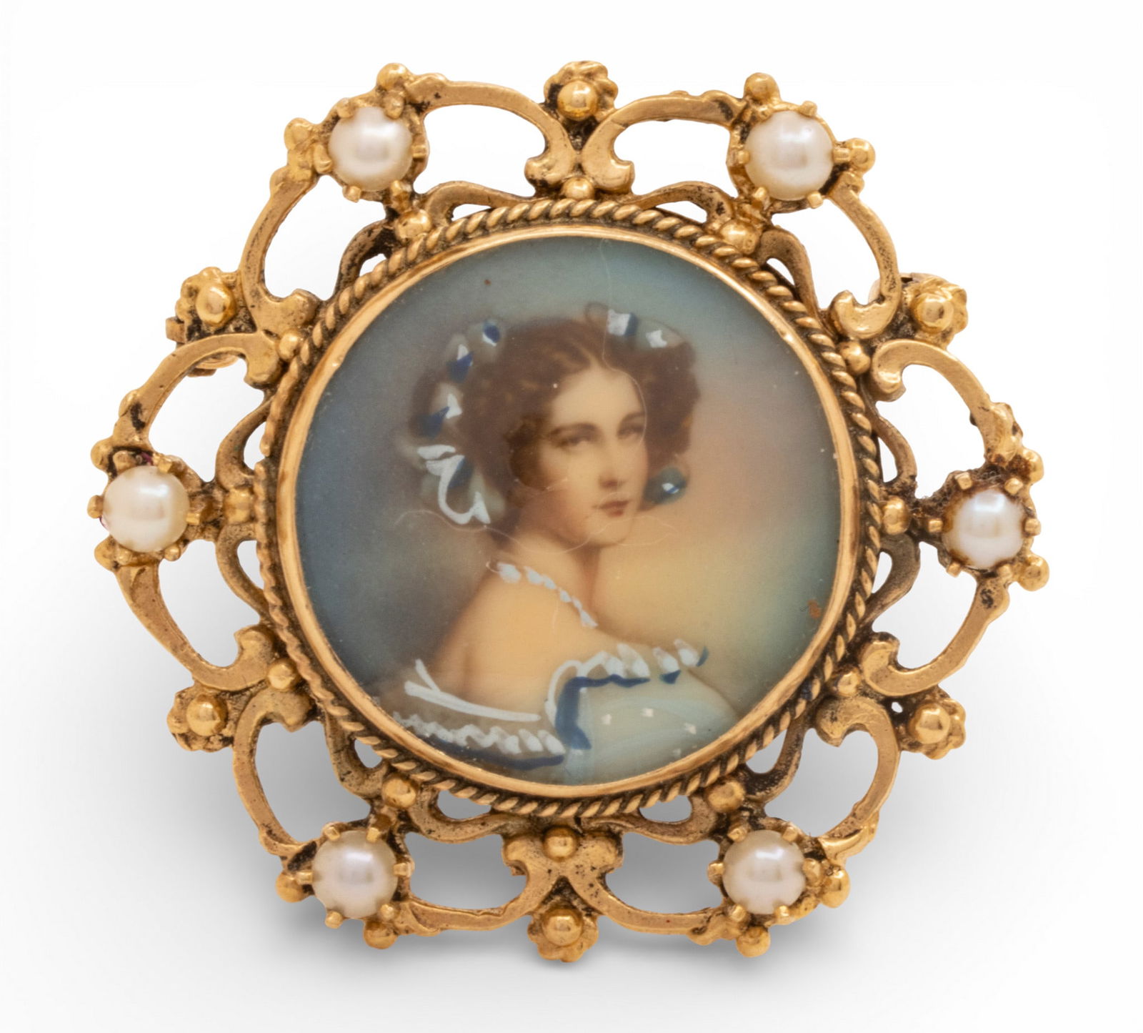 14Kt Gold Round Portrait Brooch - Pendant with Pearls Dia. 1.2" 10.6 g 1 PC (1 of 7)