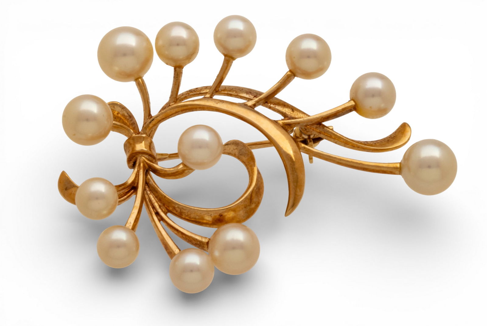 14k Gold Brooch, 12 Pearls 1970, W 5" 9.7 g (1 of 6)