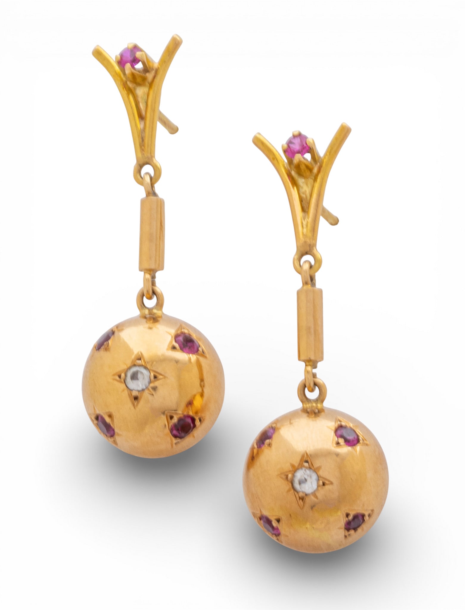 14K Gold Earrings, Sphere Shape with Rubies, Diamond 10.4 g 1 PAIR (1 of 5)