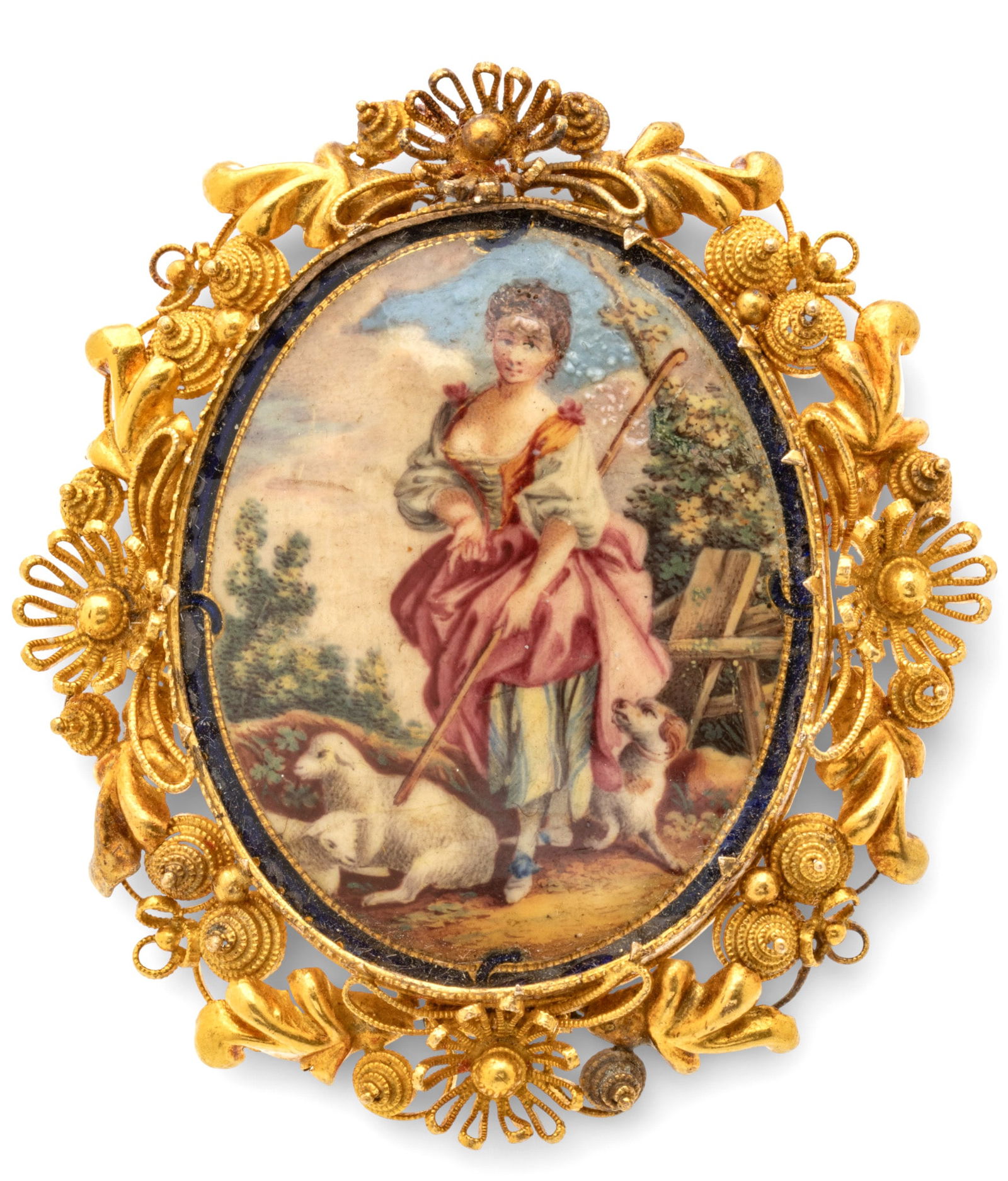 Fine Enamel Oval Brooch, Shepherdess & Lambs, 14K Gold Filigree Frame 19th.c., H 1.7" 12.2 g: Fine Enamel Oval Brooch, Shepherdess & Lambs, 14K Gold Filigree Frame 19th.c., H 1.7" 12.2 g Very fancy and fine openwork floral frame. Some professional restoration. jw Provenance: Property fr