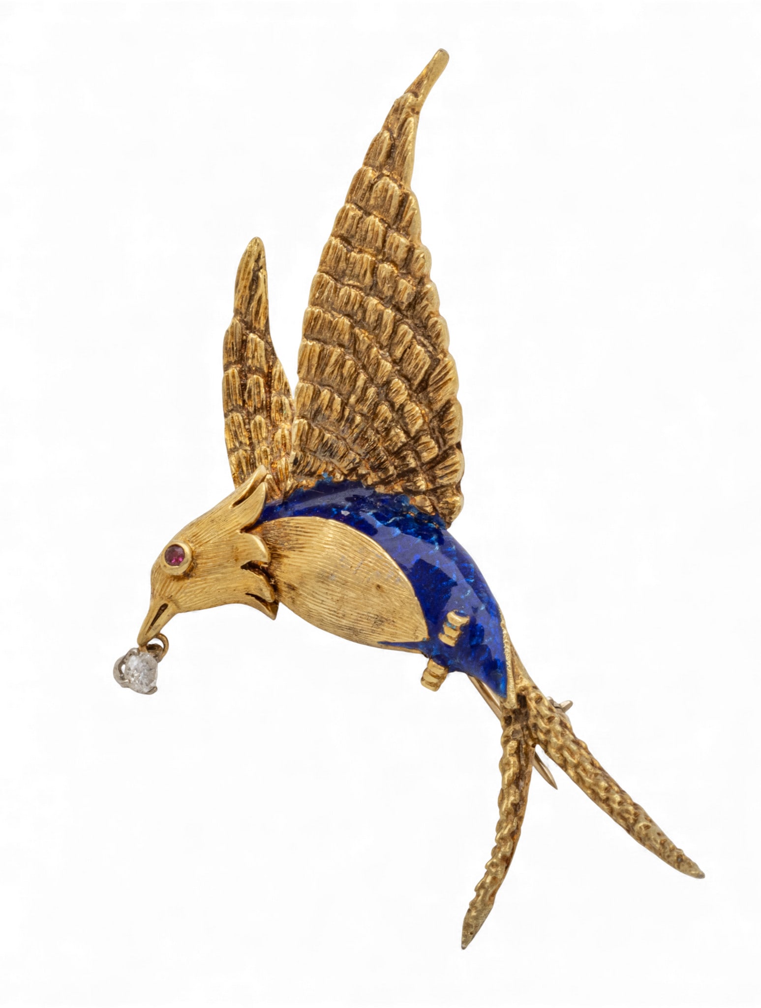 Martine 14K Yellow Gold Brooch Blue Enamel, Bird with Diamond 2010, H 2.5" 16 g 1 PC (1 of 5)