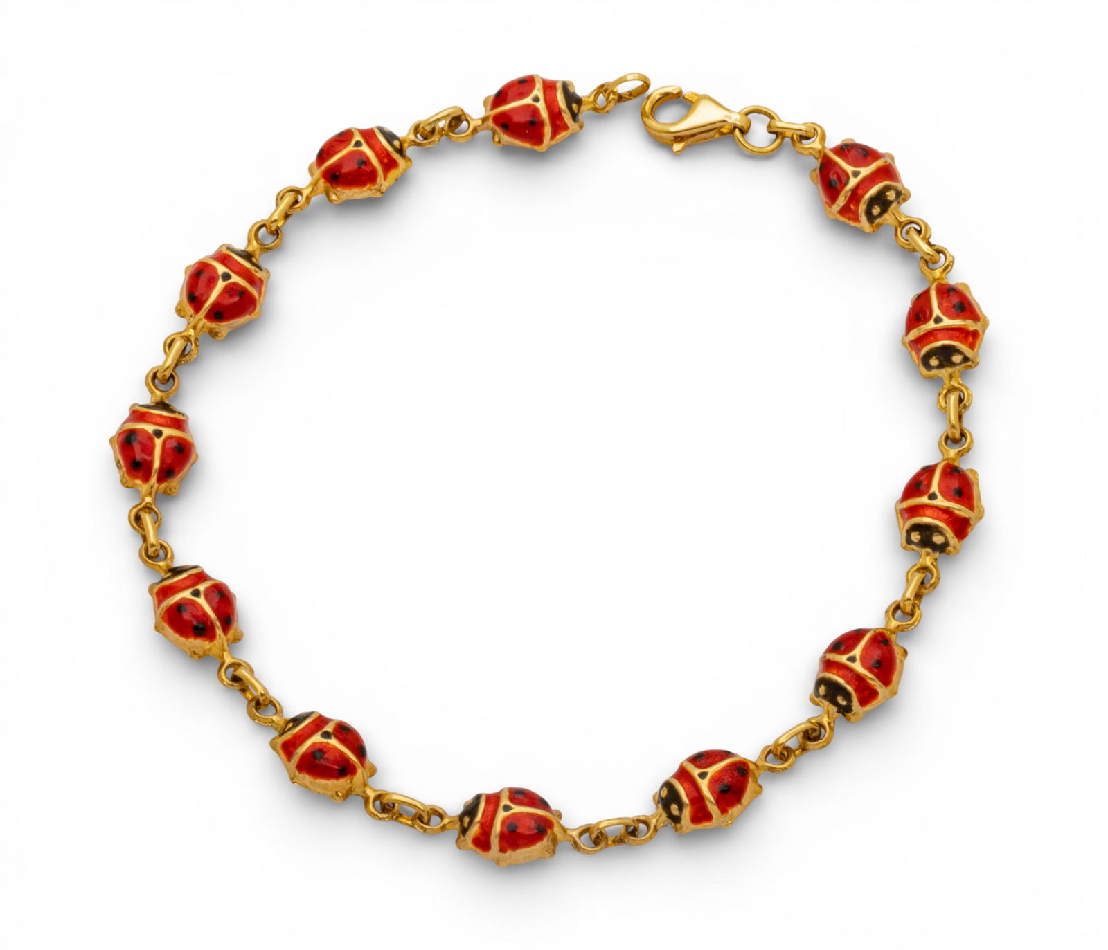 14k Yellow Gold and Enamel Lady Bug Bracelet L 7" 2.6 g: 14k Yellow Gold and Enamel Lady Bug Bracelet L 7" 2.6 g A charming ladybug bracelet in 14k yellow gold and enamel. Lobster clasp, no apparent marks. Gold electronically tested as 14k. Provenance
