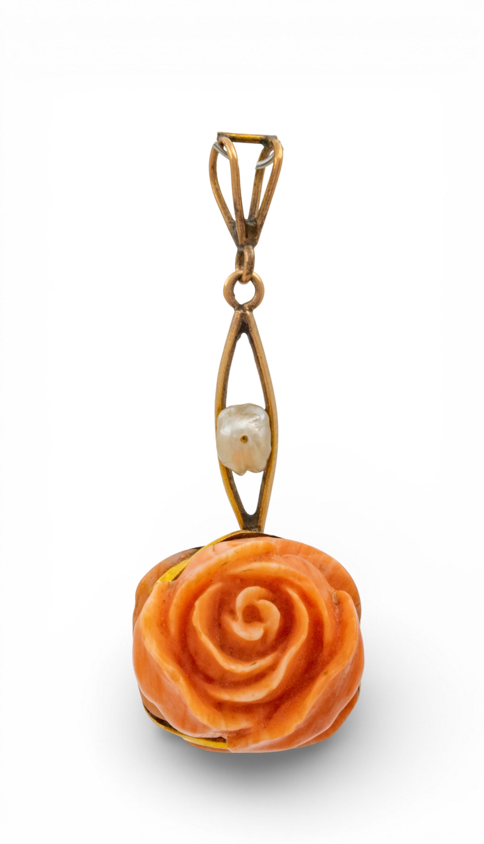 Victorian 14k Yellow Gold, Seed Pearl, and Carved Coral Rose Pendant, Ca. 1850, H 1.5" 4 g: Victorian 14k Yellow Gold, Seed Pearl, and Carved Coral Rose Pendant, Ca. 1850, H 1.5" 4 g A carved coral rose set in 14k yellow gold having a single seed pearl enhancement. No apparent marks. P