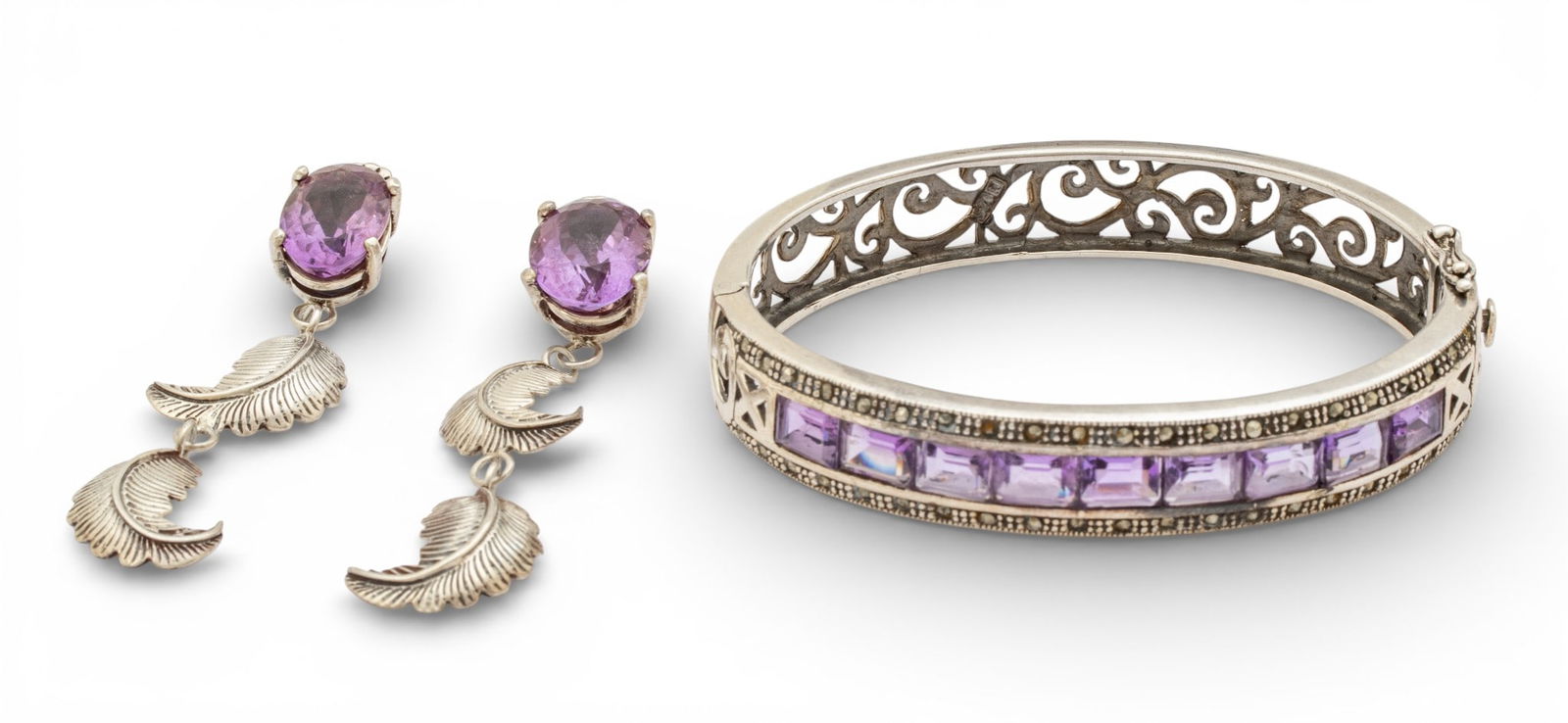 Sterling Silver and Amethyst Bracelet and Earrings by VJ 1950, 33 g 3 PCS (1 of 9)