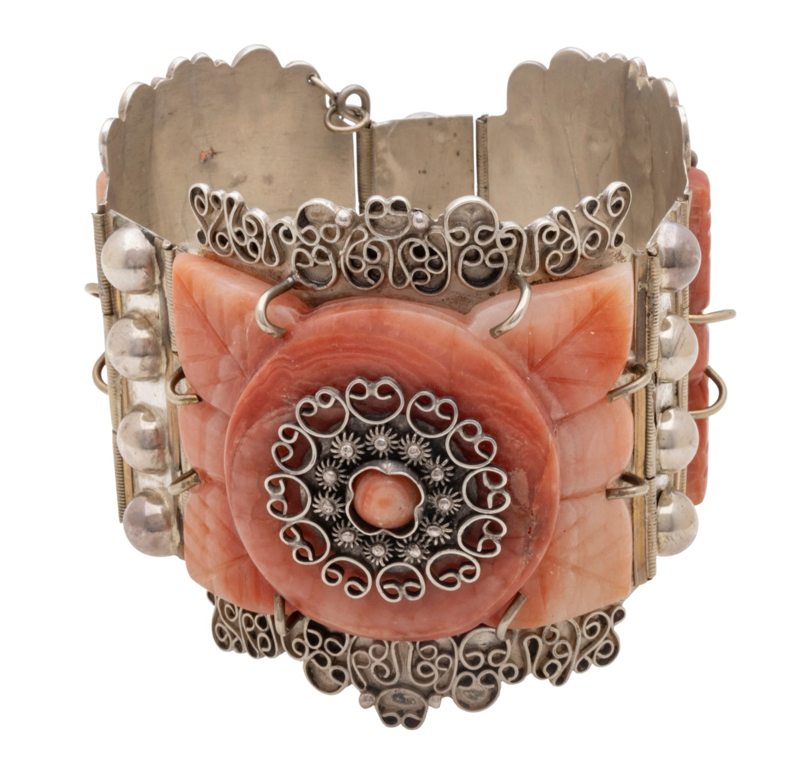 Sterling Silver Link Bracelet with Carved Agate, Hinged 1950, W 2.7" L 7" 136 g (1 of 7)