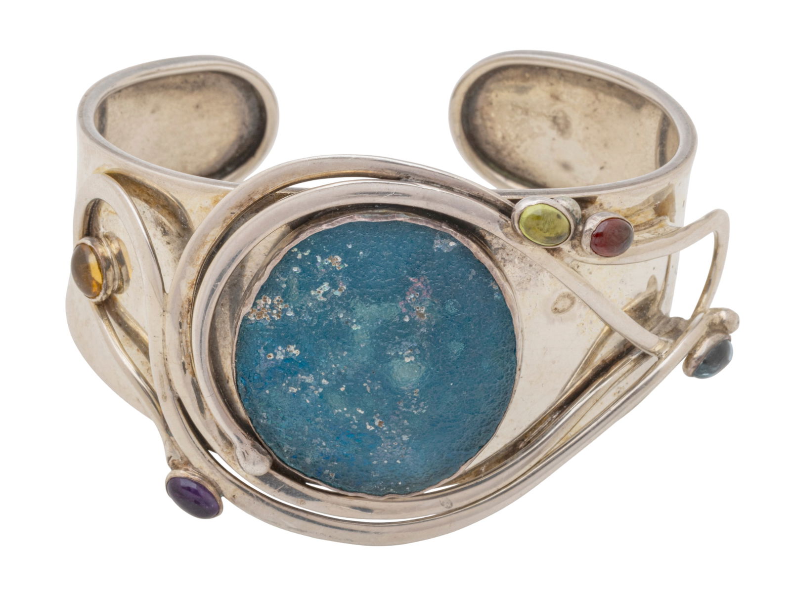 Sterling Silver Cuff Bracelet with Roman Glass Disc, Amethyst, Garnet, Citrine, Sapphire and Peridot (1 of 8)
