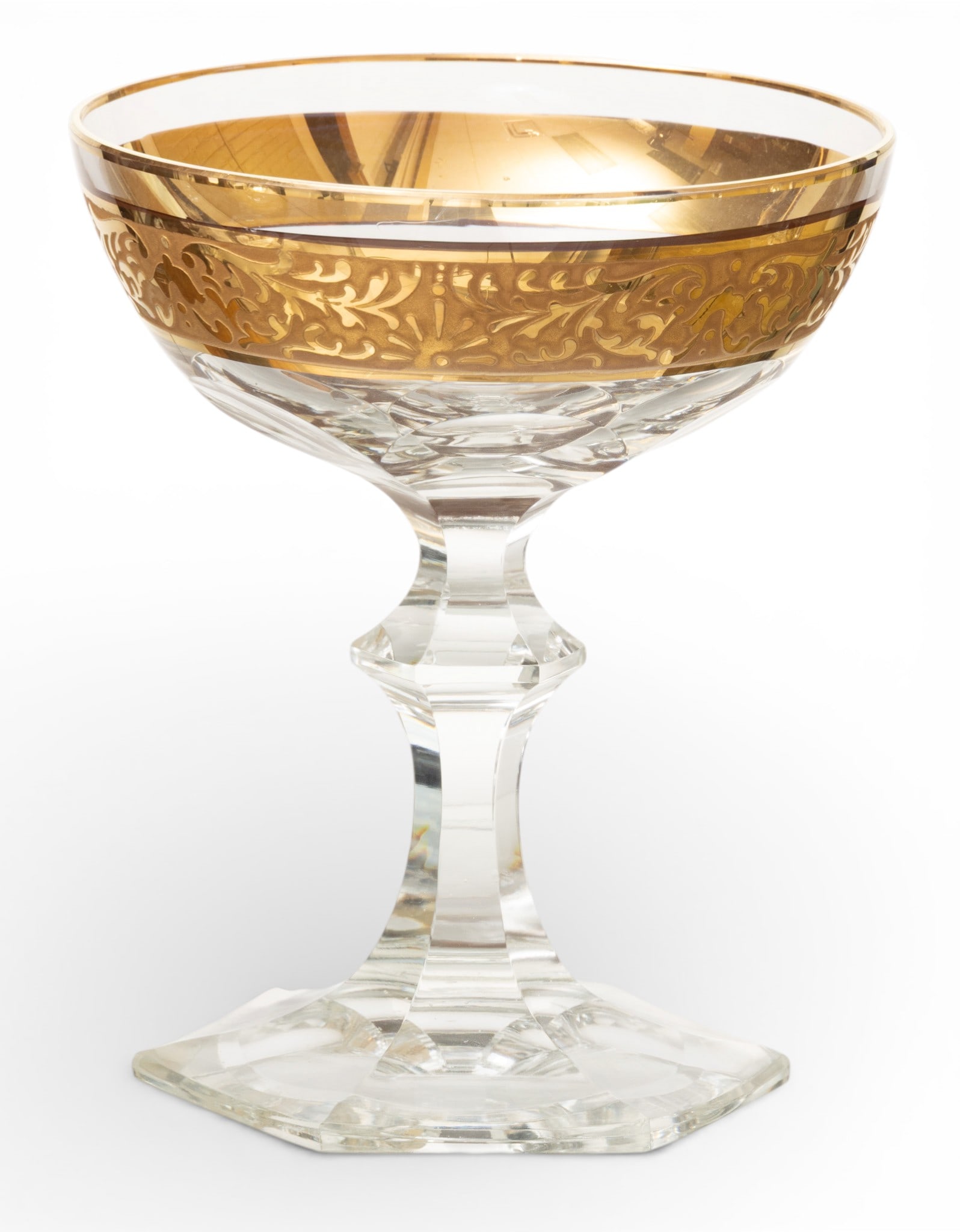 Val St Lambert Etched Gilded Band Crystal Champagne Coupes 1960, H 5" 12 PCS: Val St Lambert Etched Gilded Band Crystal Champagne Coupes 1960, H 5" 12 PCS Wide fired gold band. Hexagonal hand cut stem and foot. By Val St Lambert. Dimensions: H 5" 12 PCS