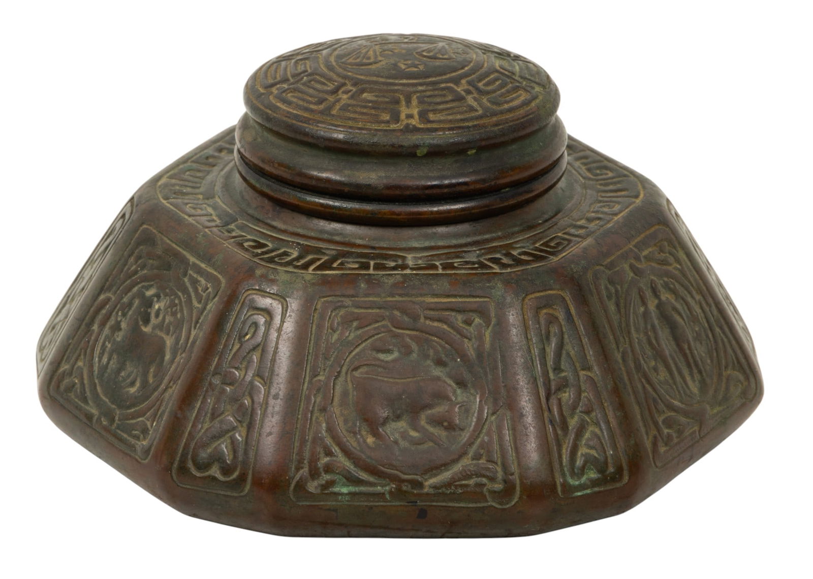Tiffany Studios, New York Bronze Inkwell 1920, 'Zodiac Pattern', H 3.75" W 6.5": Tiffany Studios, New York Bronze Inkwell 1920, 'Zodiac Pattern', H 3.75" W 6.5" Impressed mark "Tiffany Studios New York 1072". Balance scale on cover. Glass ink insert. Dimensions: H 3.75" W 6.