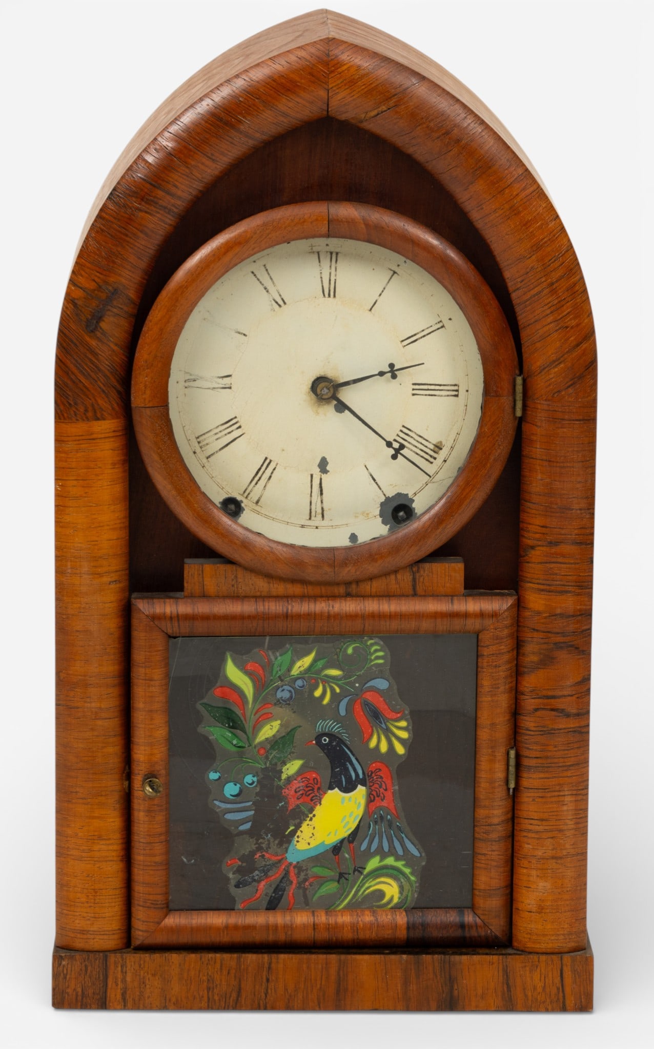 W S Johnson (NY) Walnut Beehive Clock 1849, H 19" W 9": W S Johnson (NY) Walnut Beehive Clock 1849, H 19" W 9" W. S. Johnson, 48 Courtland St. New York. Glass inset door with reverse painted scene. Provenance: Property of a Bloomfield Hills, MI priv