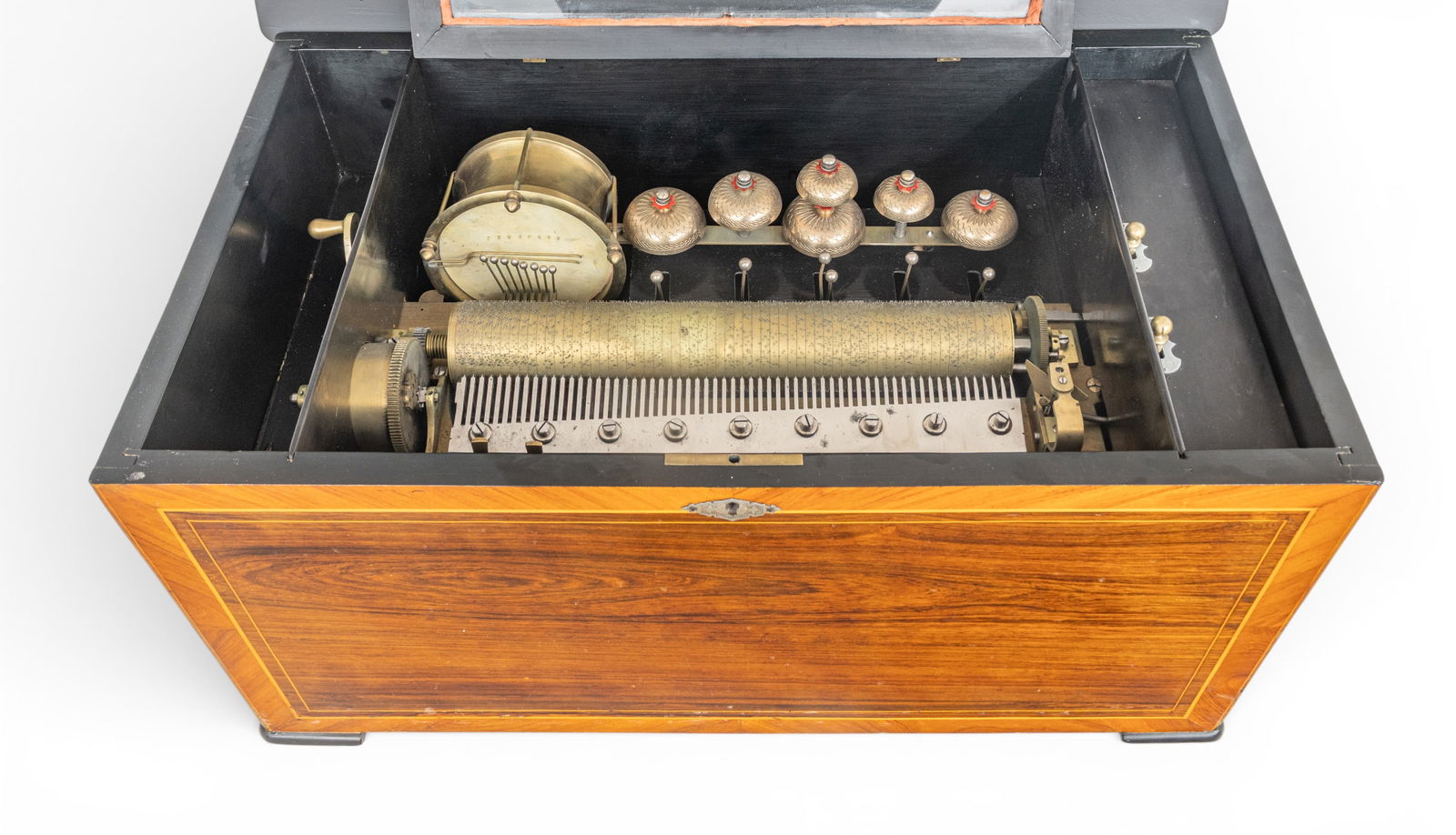 Swiss Rosewood Drum and Six Bells Orchestra Cylinder Music Box, #285-55, Ca. 1880, H 12" L 25" Depth (1 of 9)