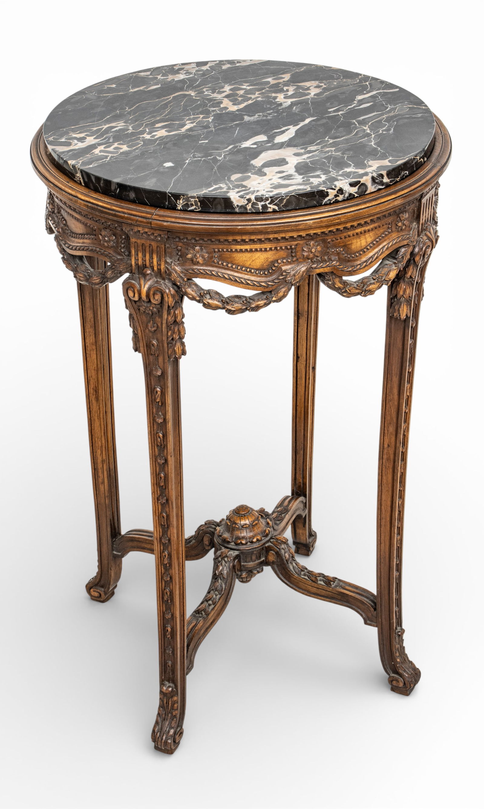French Carved Walnut Marble Top Table, Ca. 1900, H 31" Dia. 20" (1 of 6)