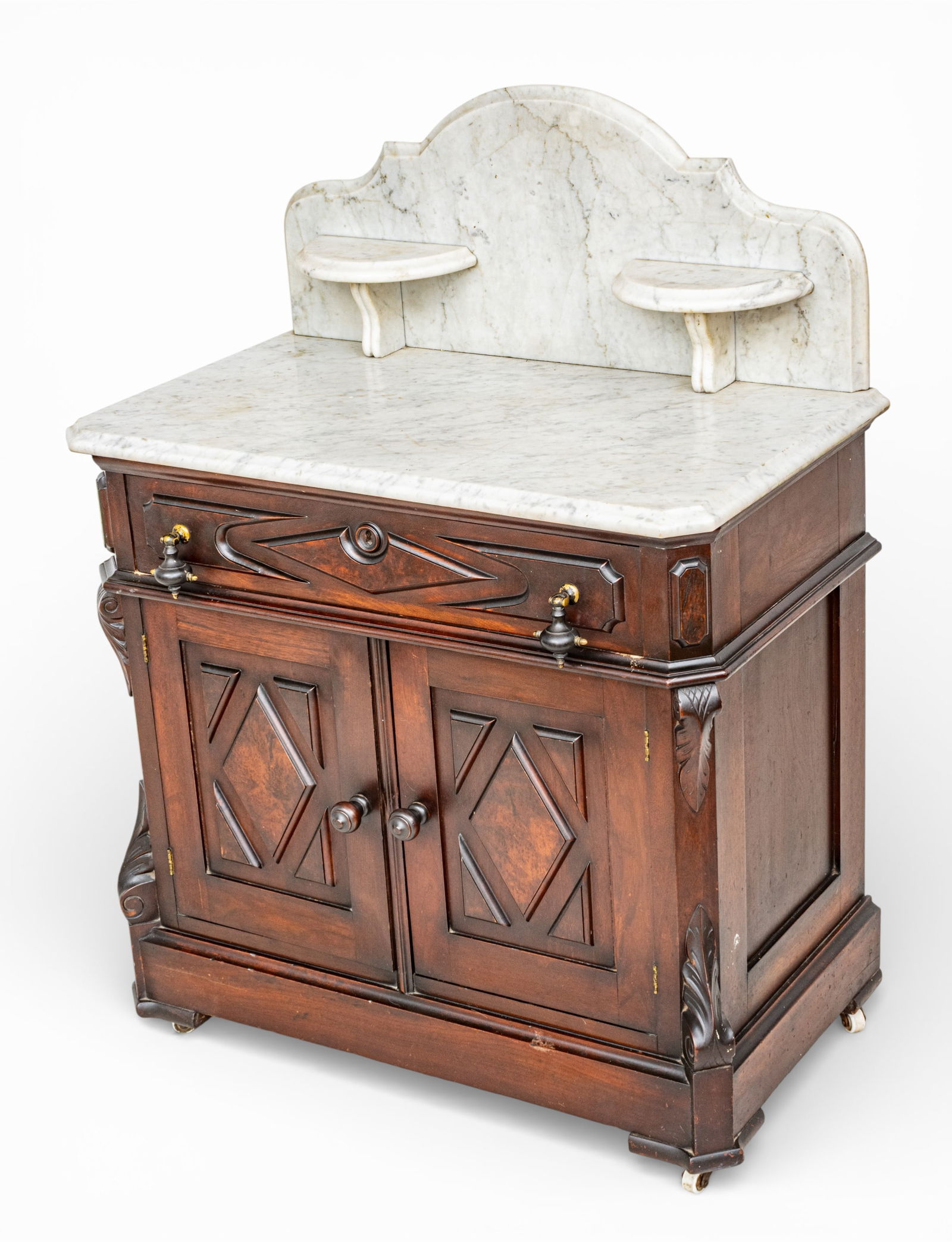 Eastlake Movement Marble Top Carved Walnut Washstand, Ca. 1880, H 41.5" W 31" Depth 18" (1 of 11)