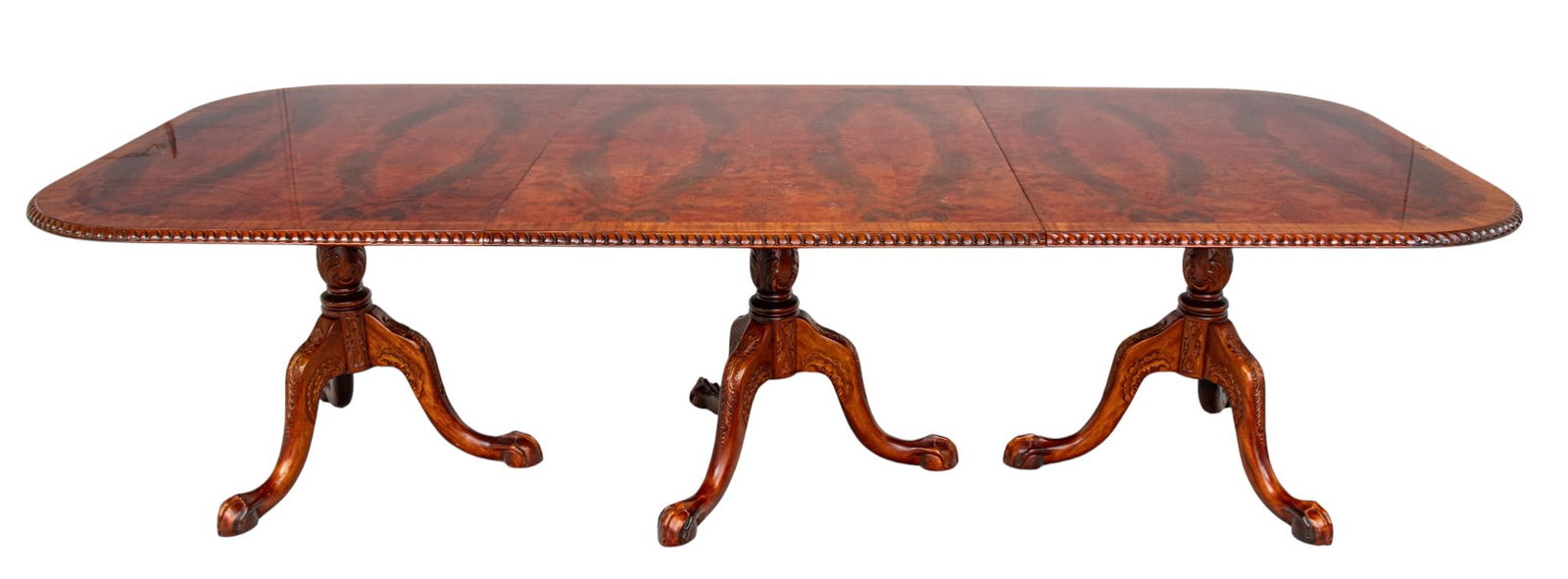 Chippendale Style Mahogany Three Pedestal Dining Table, 2 Leaves 20th Cent., H 30" W 48" L 113.5" (1 of 7)