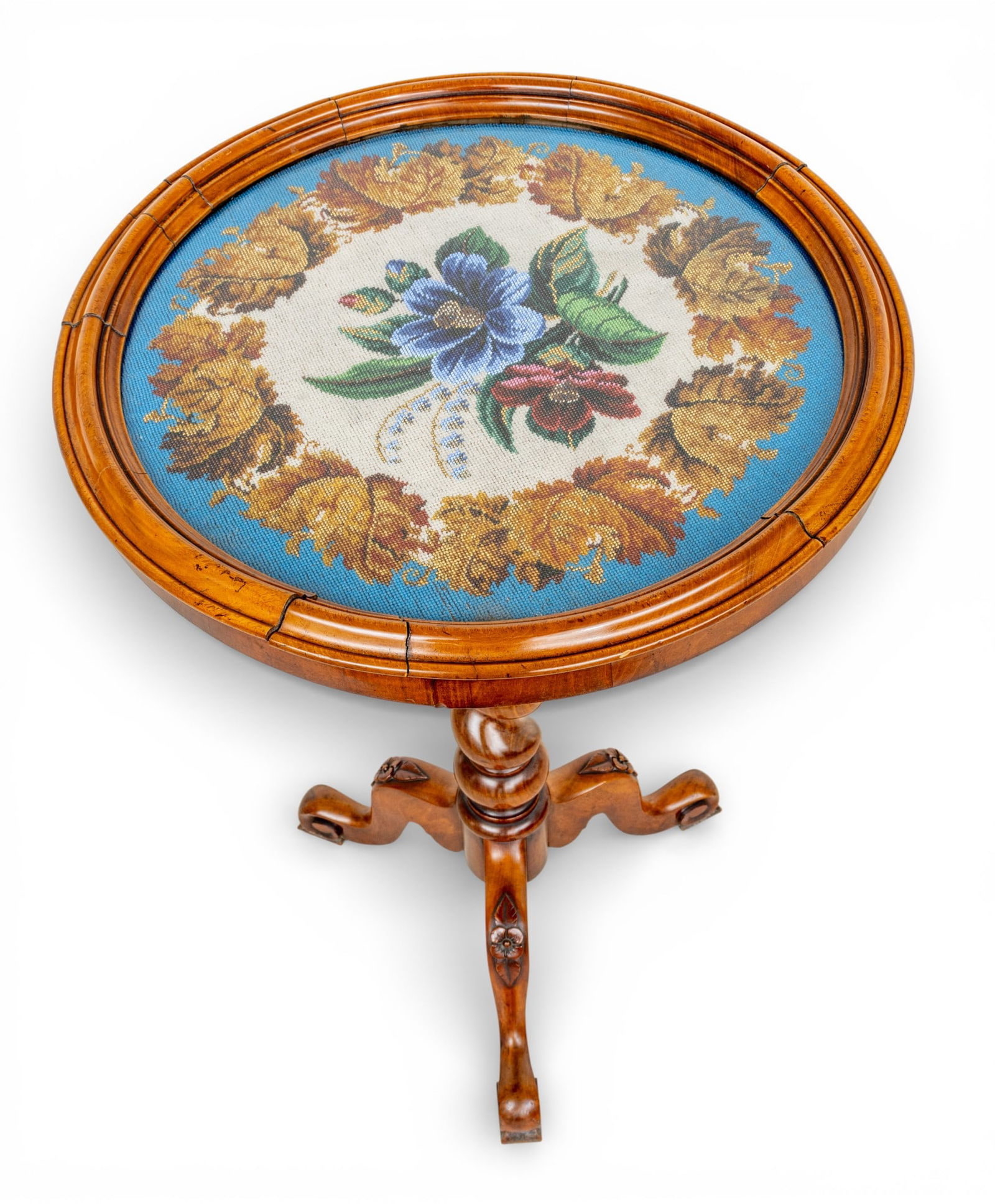 Burl Walnut Pedestal Table, Beadwork Inset 1870, H 29" Dia. 20" (1 of 4)