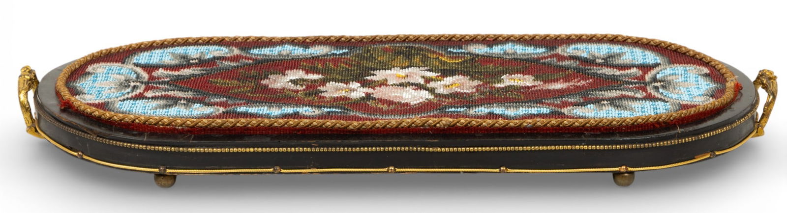 Ebony Oval Tabletop Plateau, Fine Glass Beadwork 1880, H 2" W 11" L 25" 1 PC (1 of 3)