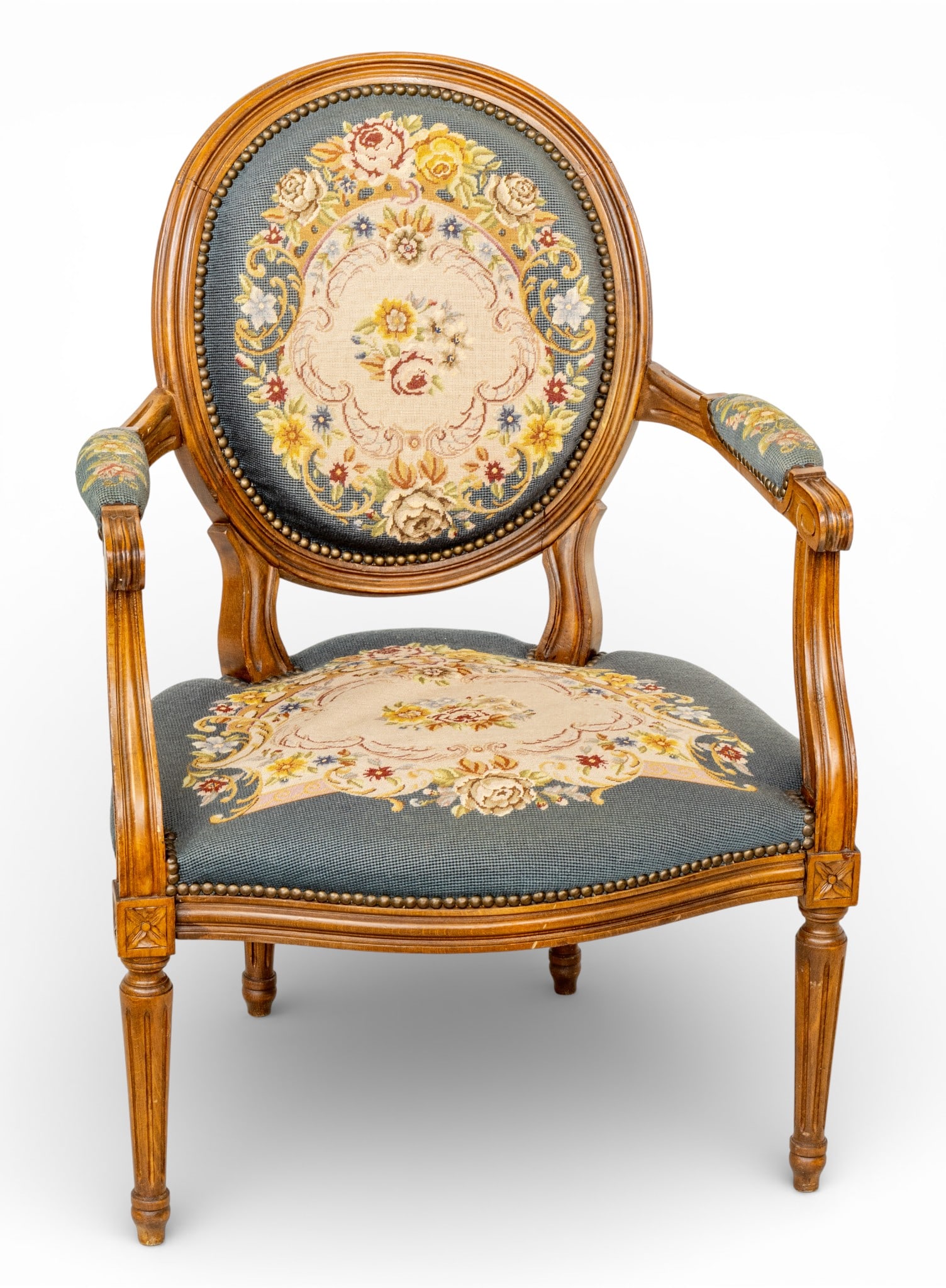 Louis XVI Style Walnut Open Arm Chair, Needlepoint Upholstery 1900, H 34" W 24" (1 of 8)