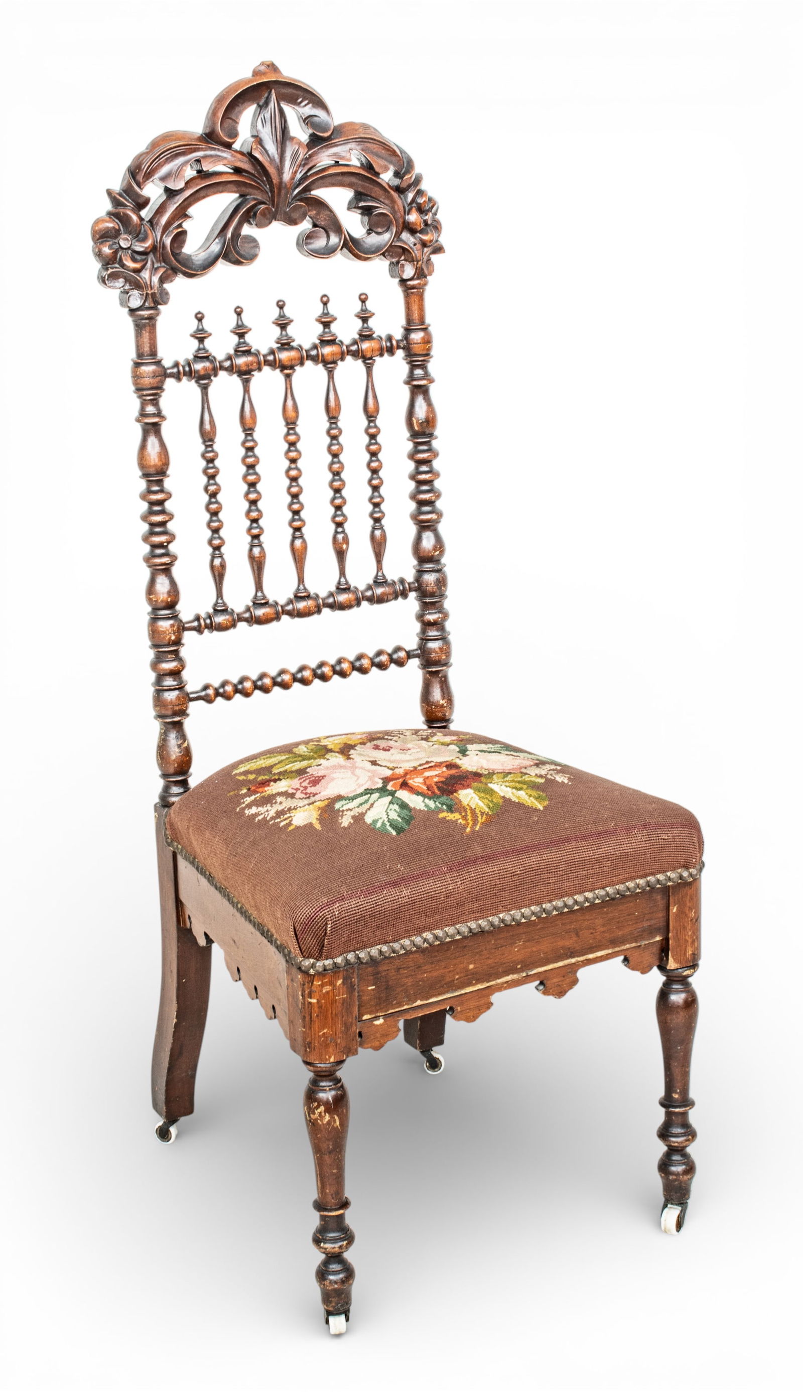 Victorian Gothic Revival Carved Walnut Side Chair, Ca. 1880, H 44" W 17" Depth 17.75" (1 of 8)